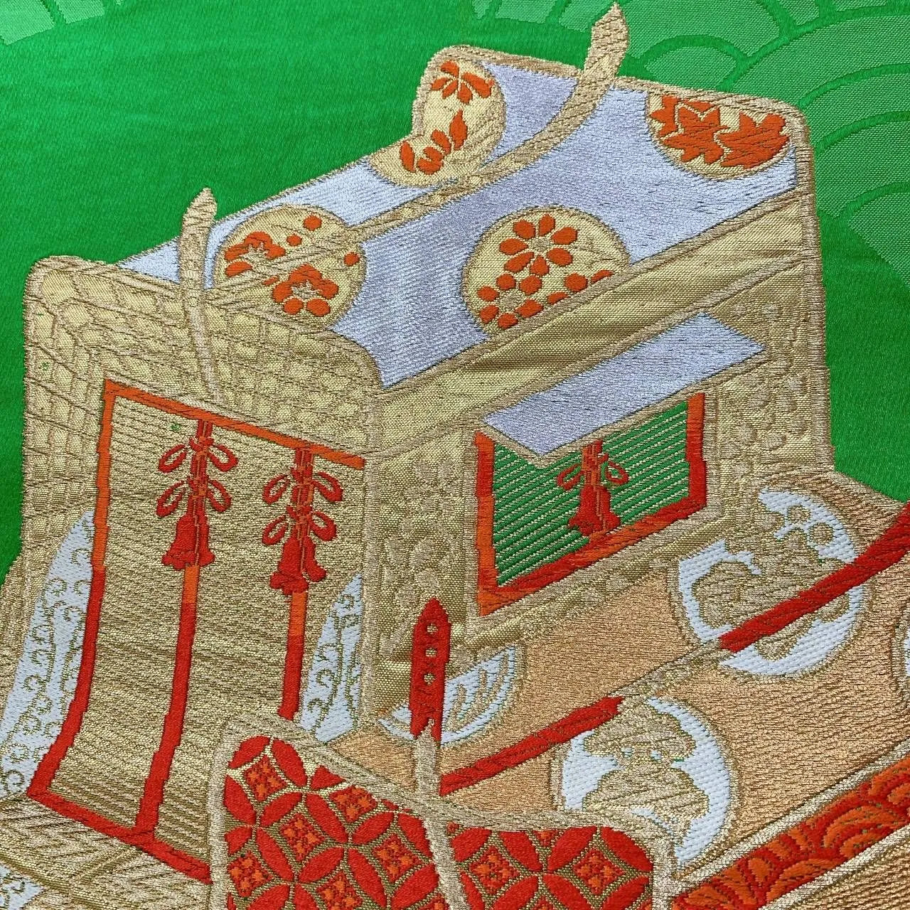 6361# Japanese Vintage Fukuro Obi Belt Kimono Fabric Silk Traditional Green