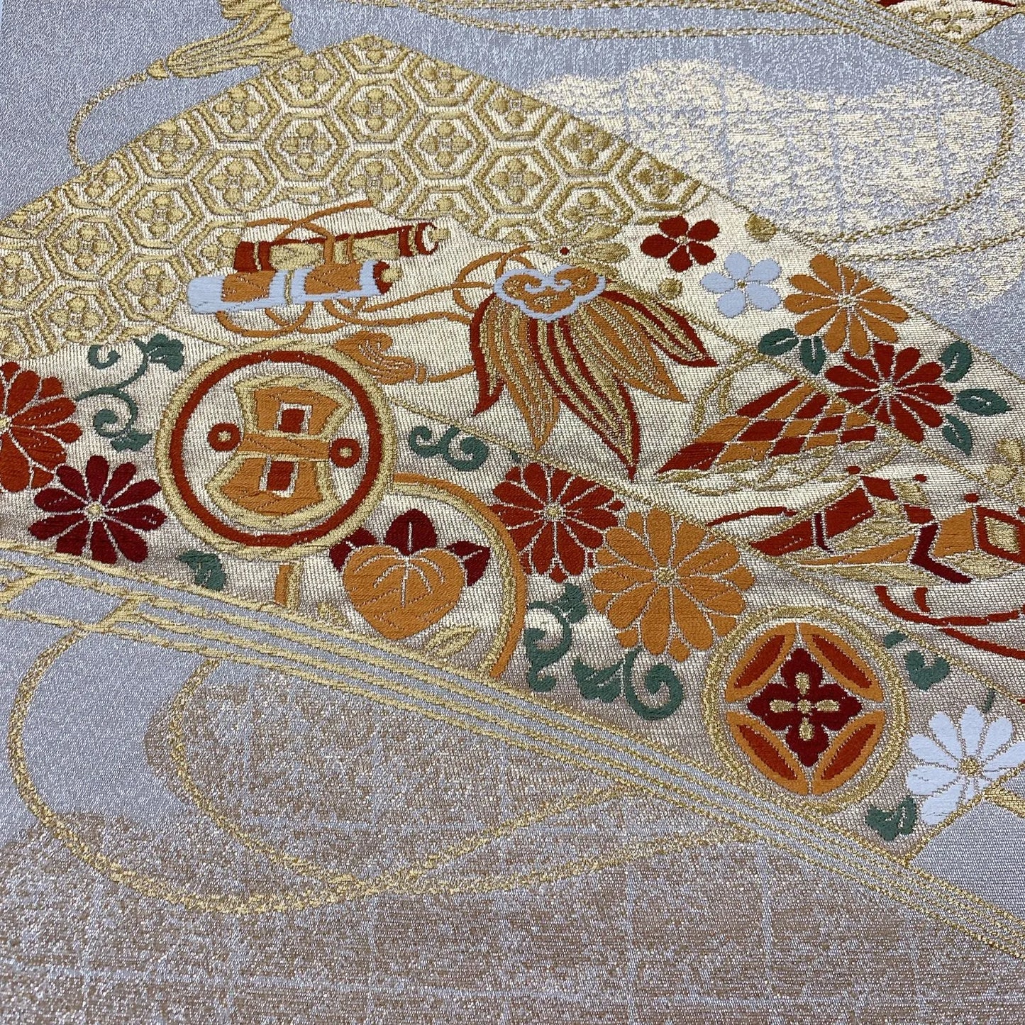 6908# Japanese Vintage Fukuro Obi Belt Kimono Fabric Silk Traditional Silver