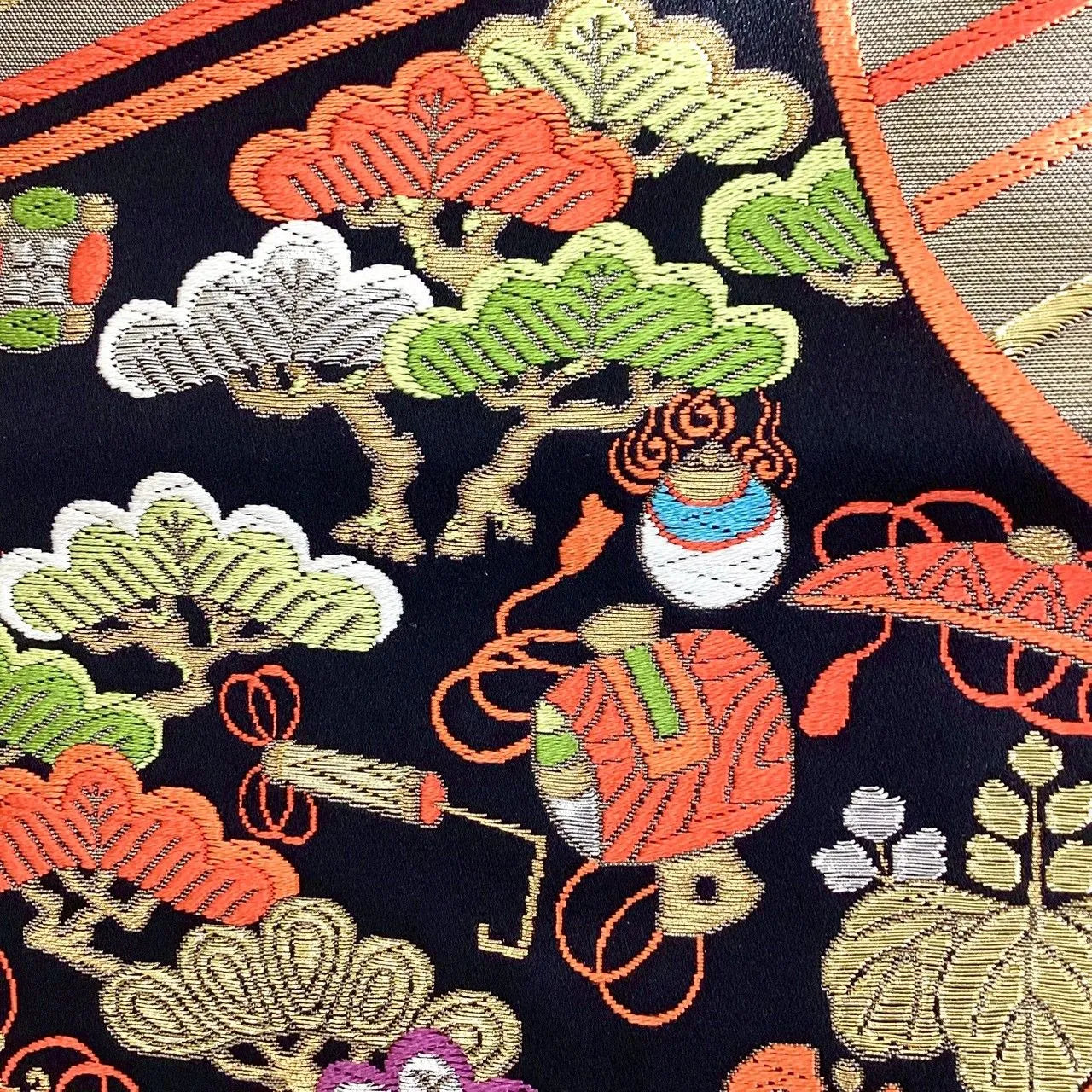 7297# Japanese Vintage Fukuro Obi Belt Kimono Fabric Silk Traditional Black