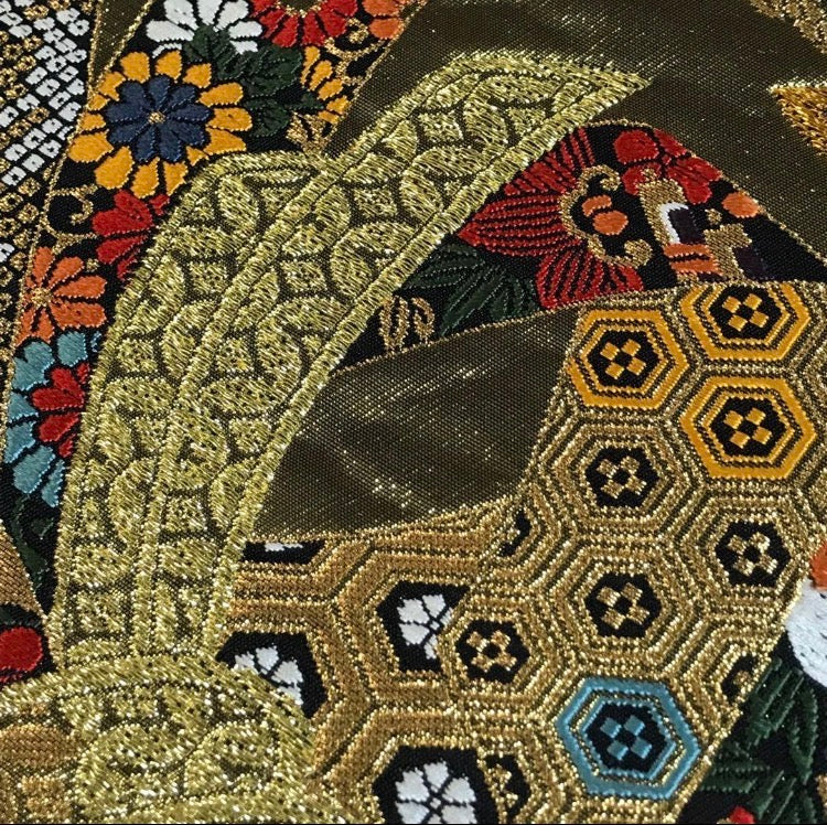 1186# Japanese Vintage Fukuro Obi Belt Kimono Fabric Silk Traditional Gold
