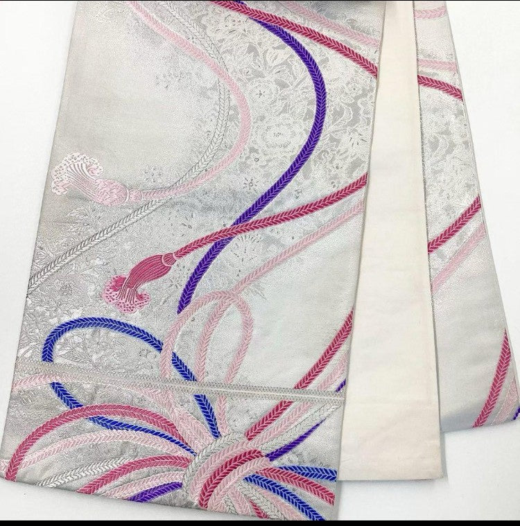 6141# Japanese Vintage Furisode Kimono Obi Obijime Obiage 4-Piece Set Silk Robe