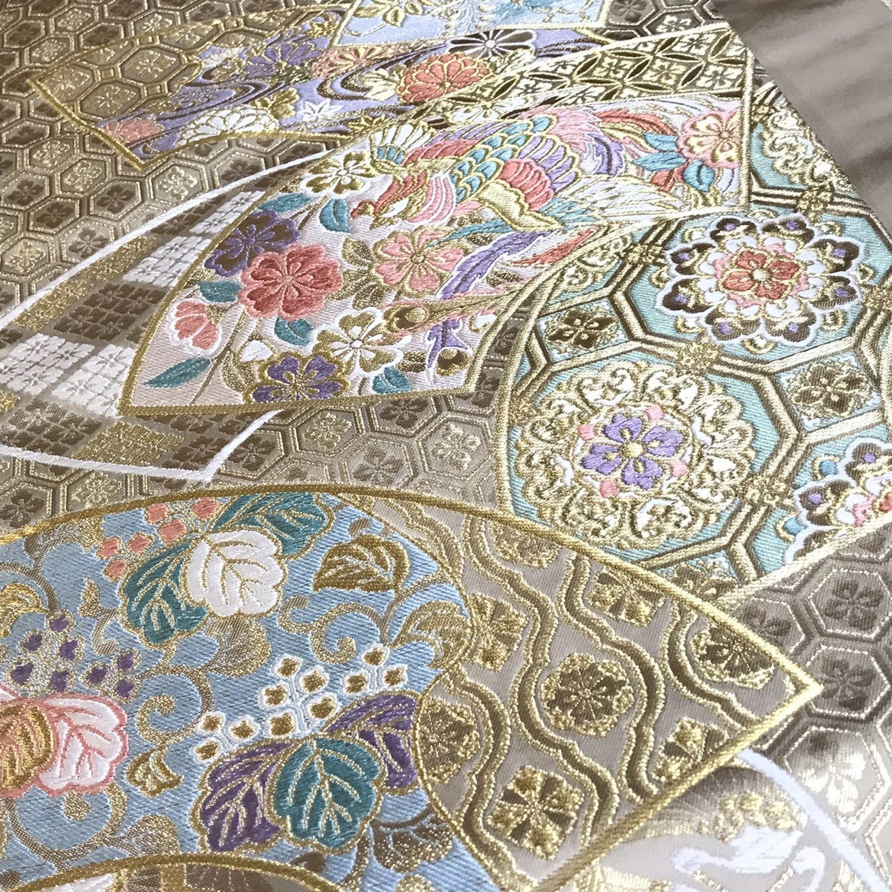 7089# Japanese Vintage Fukuro Obi Belt Kimono Fabric Silk Traditional Gold