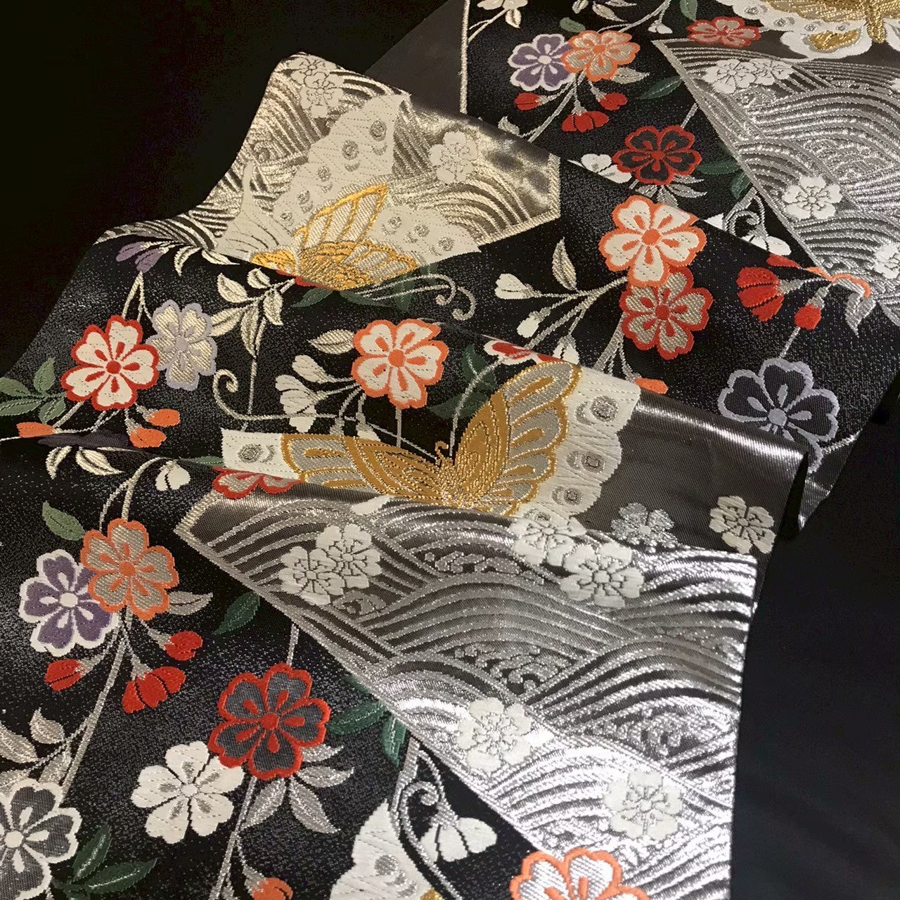 7191# Japanese Vintage Fukuro Obi Belt Kimono Fabric Silk Traditional Embroidery