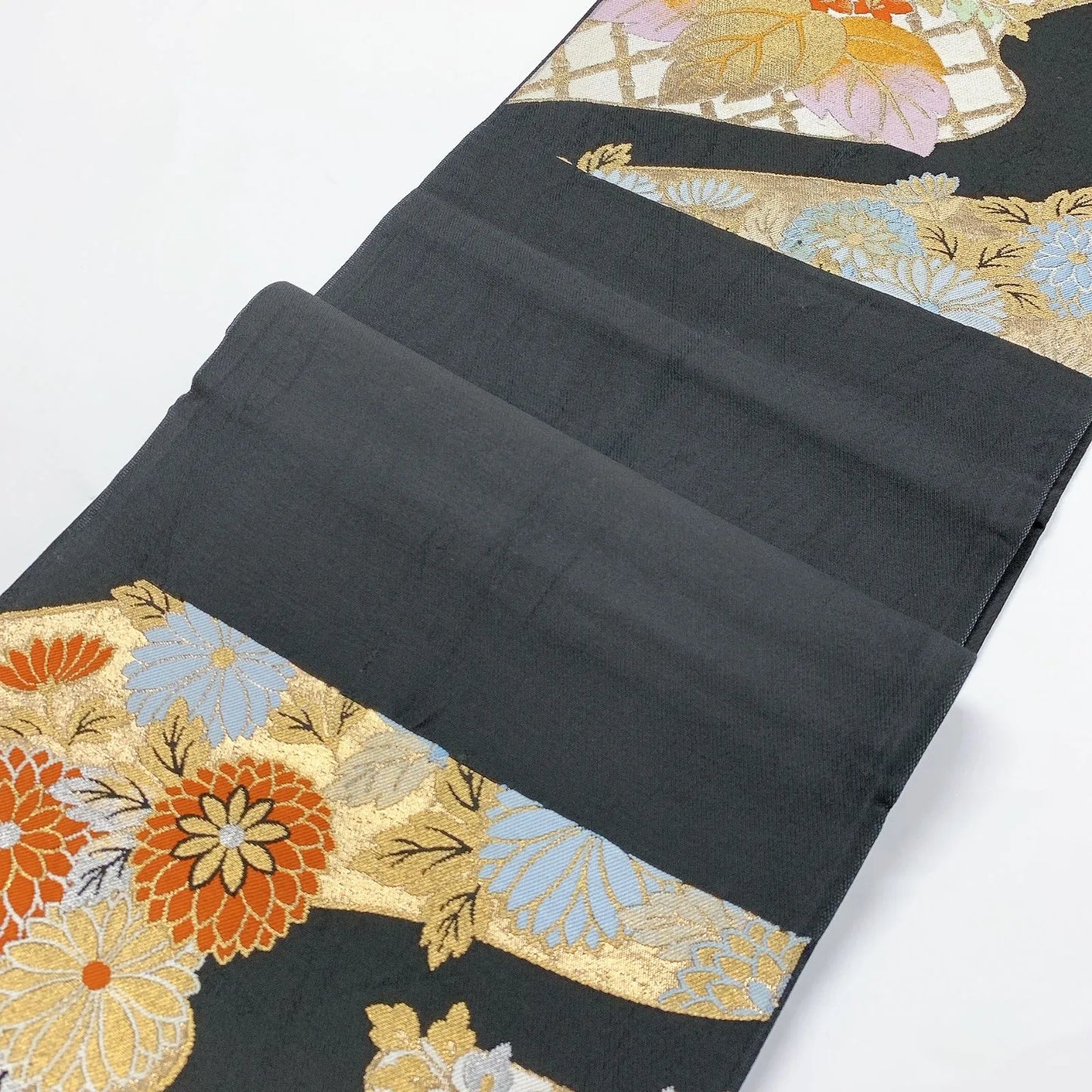 5994# Japanese Vintage Fukuro Obi Belt Kimono Fabric Silk Traditional Black