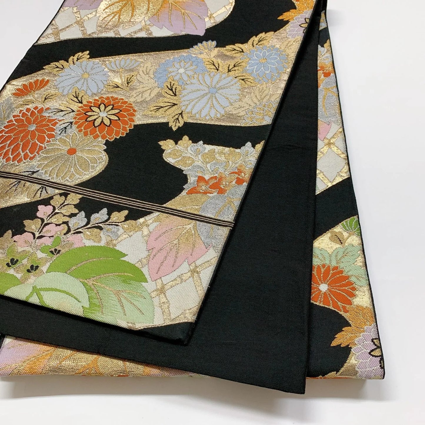 5994# Japanese Vintage Fukuro Obi Belt Kimono Fabric Silk Traditional Black