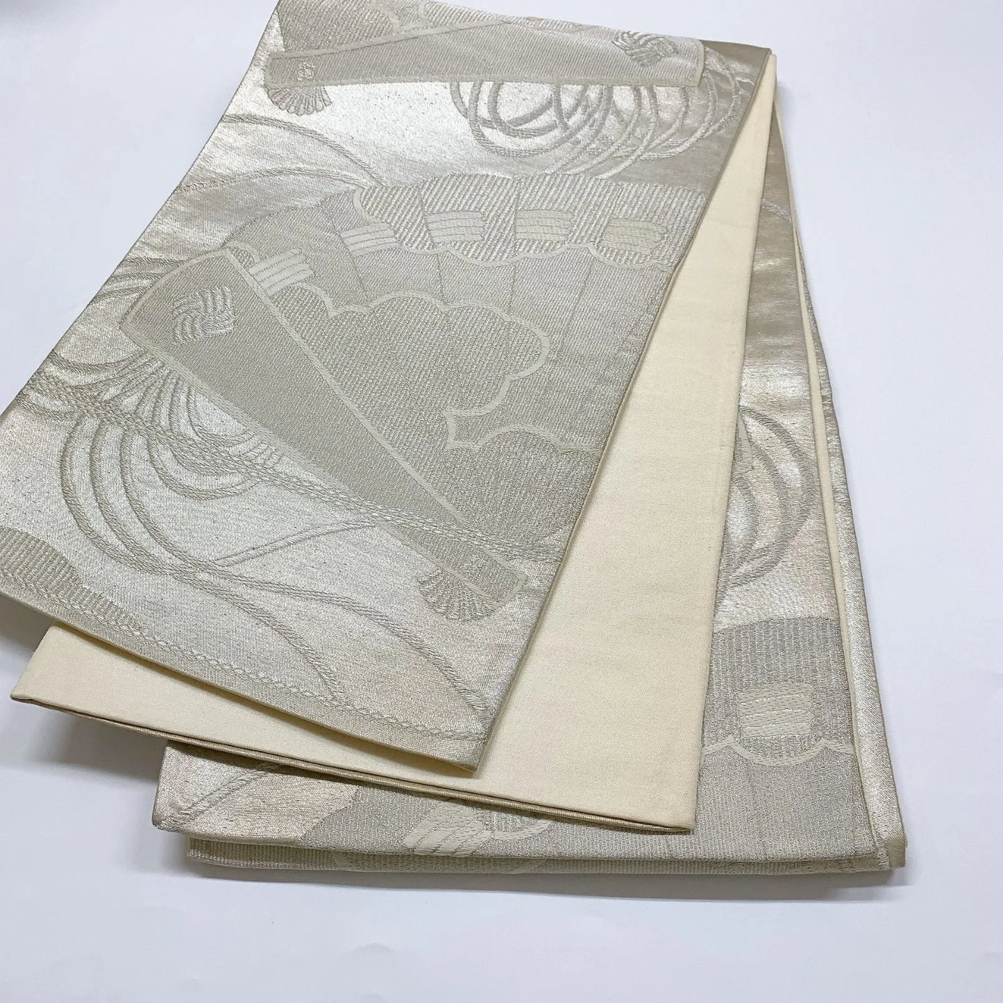 5995# Japanese Vintage Fukuro Obi Belt Kimono Fabric Silk Traditional Silver