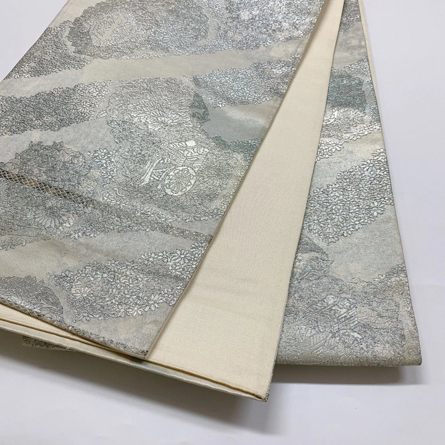 5997# Japanese Vintage Fukuro Obi Belt Kimono Fabric Silk Traditional Silver