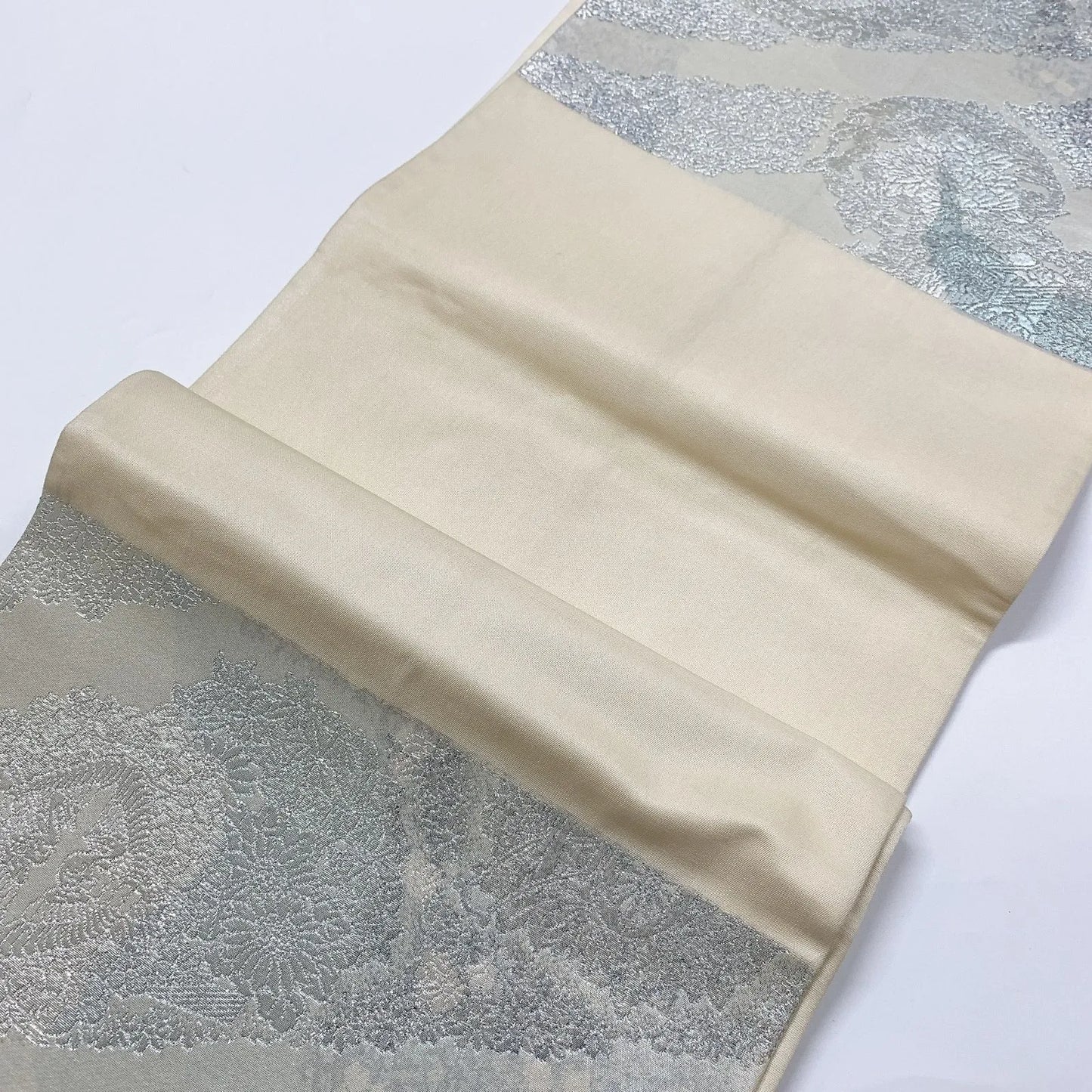 5997# Japanese Vintage Fukuro Obi Belt Kimono Fabric Silk Traditional Silver