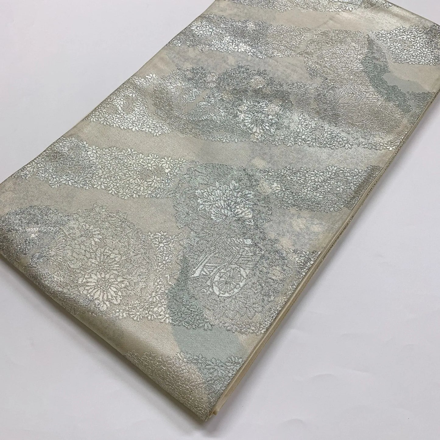 5997# Japanese Vintage Fukuro Obi Belt Kimono Fabric Silk Traditional Silver