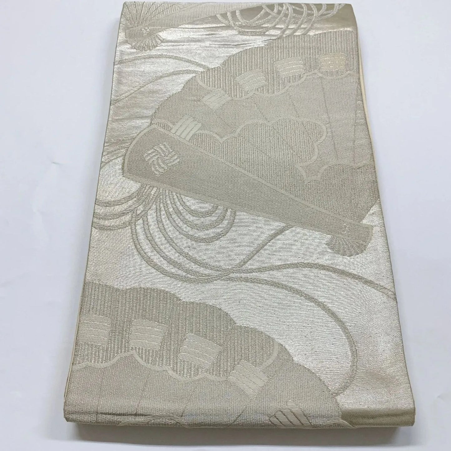 5995# Japanese Vintage Fukuro Obi Belt Kimono Fabric Silk Traditional Silver