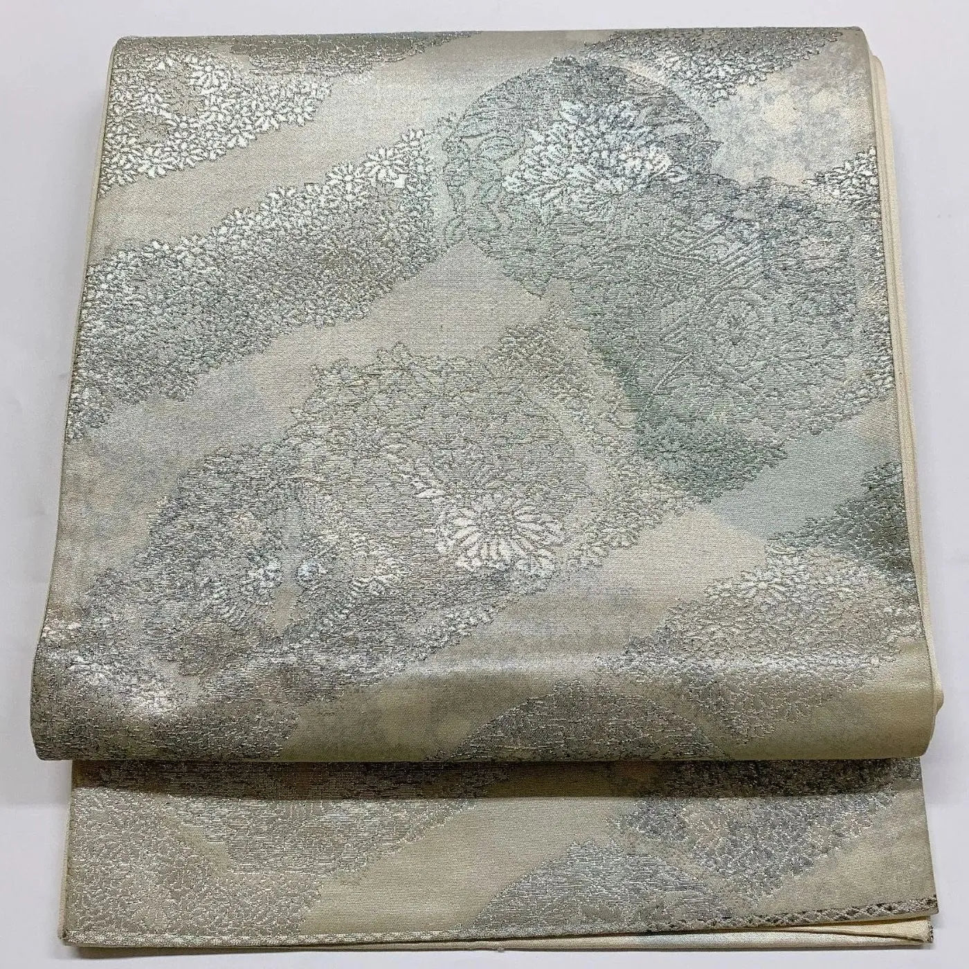 5997# Japanese Vintage Fukuro Obi Belt Kimono Fabric Silk Traditional Silver