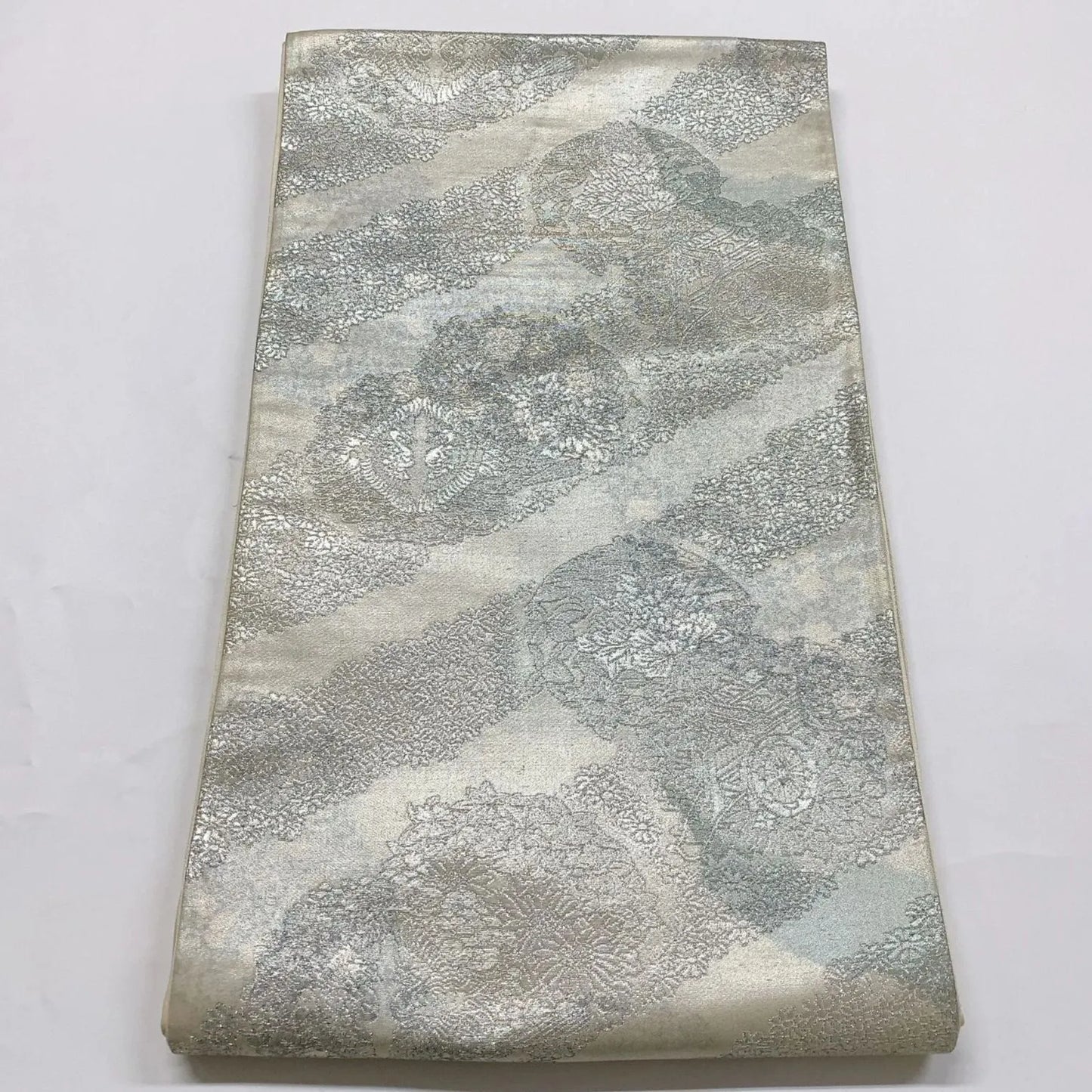 5997# Japanese Vintage Fukuro Obi Belt Kimono Fabric Silk Traditional Silver