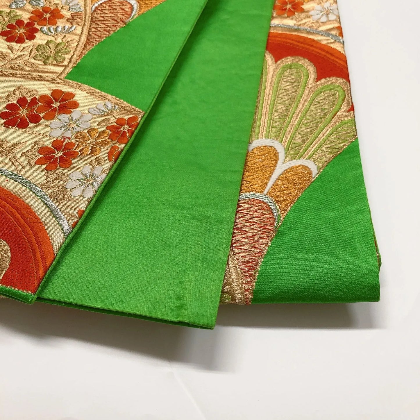 6015# Japanese Vintage Fukuro Obi Belt Kimono Fabric Silk Traditional Green