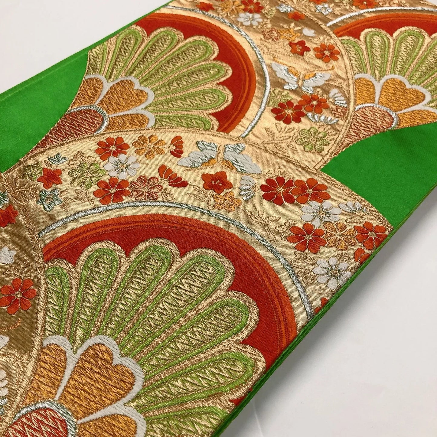 6015# Japanese Vintage Fukuro Obi Belt Kimono Fabric Silk Traditional Green