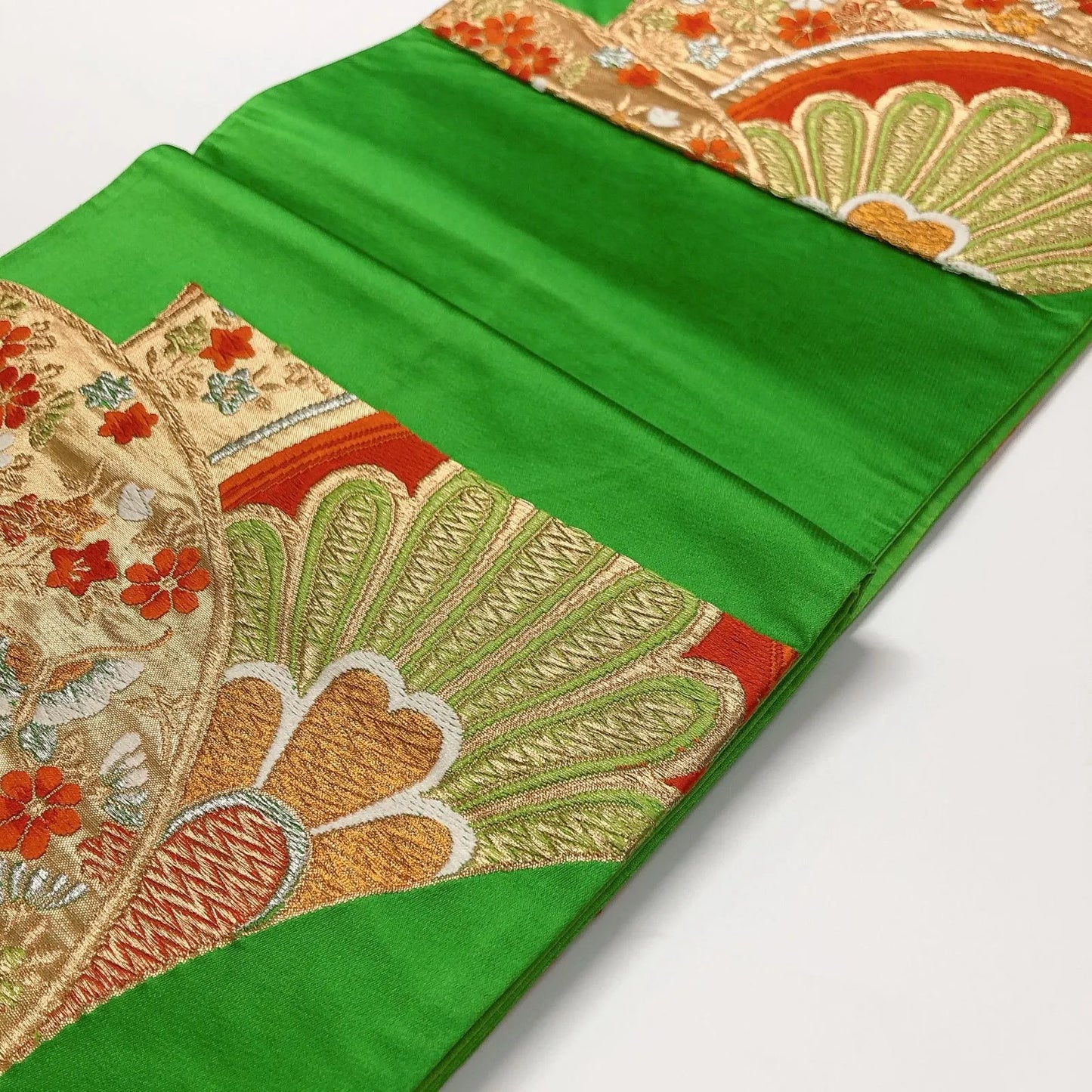 6015# Japanese Vintage Fukuro Obi Belt Kimono Fabric Silk Traditional Green