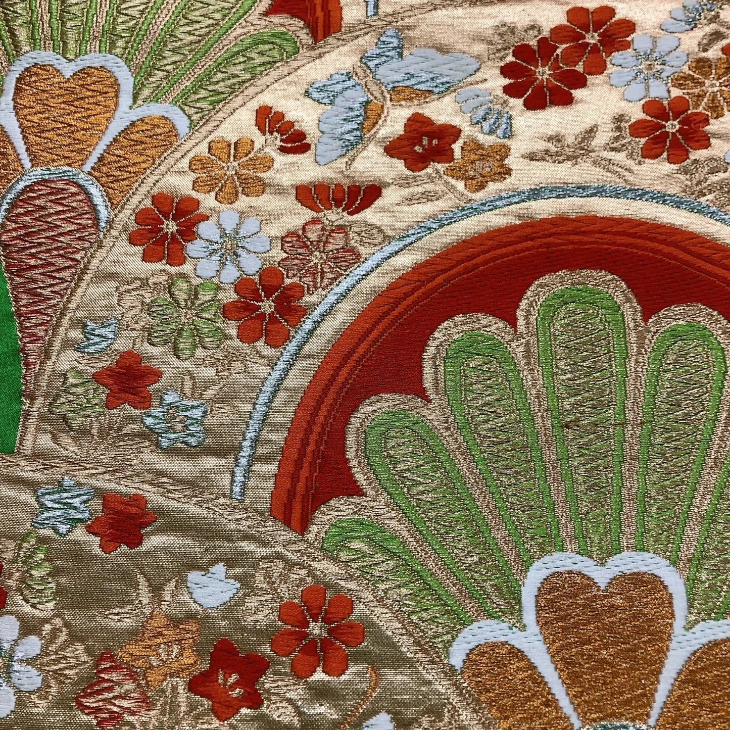 6015# Japanese Vintage Fukuro Obi Belt Kimono Fabric Silk Traditional Green