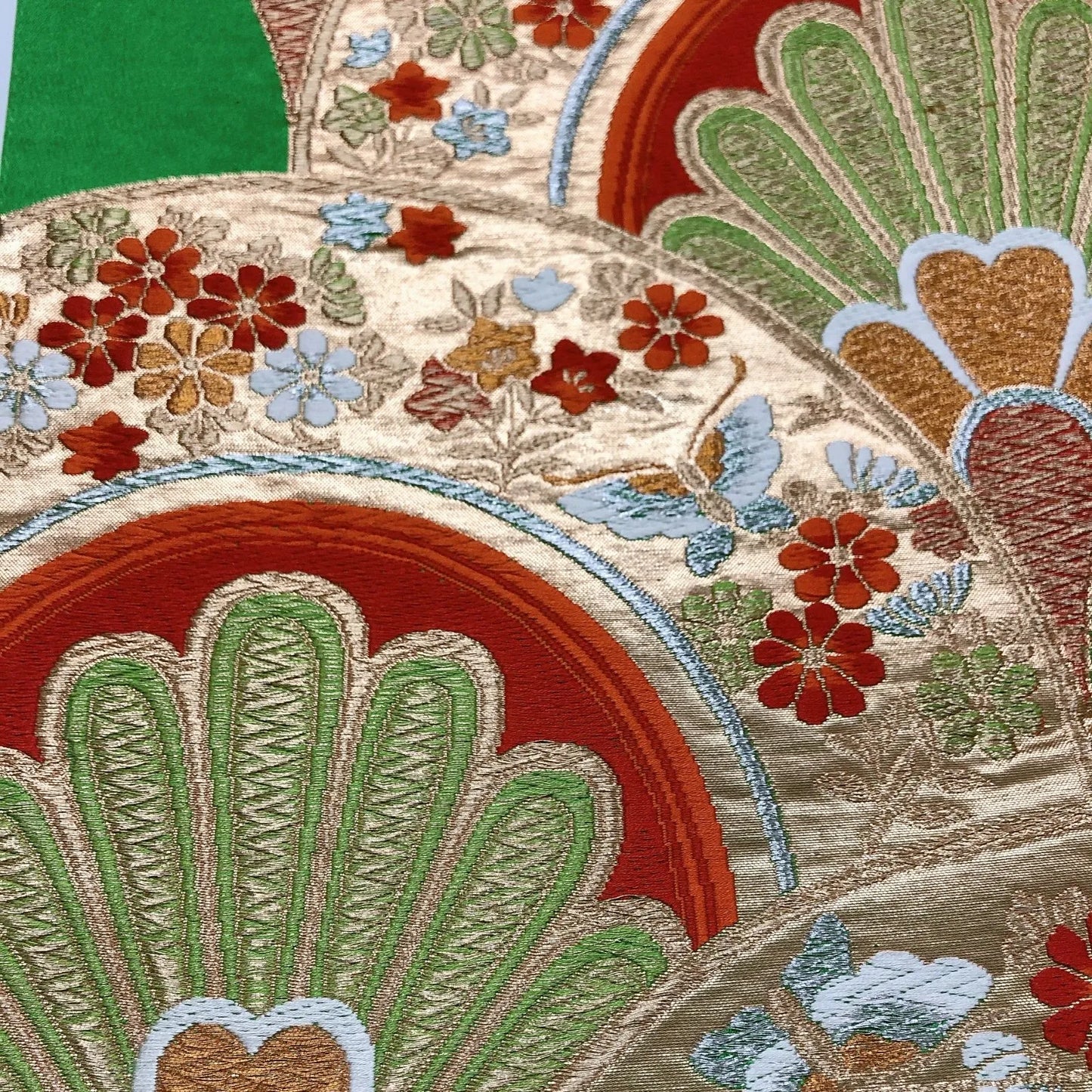 6015# Japanese Vintage Fukuro Obi Belt Kimono Fabric Silk Traditional Green