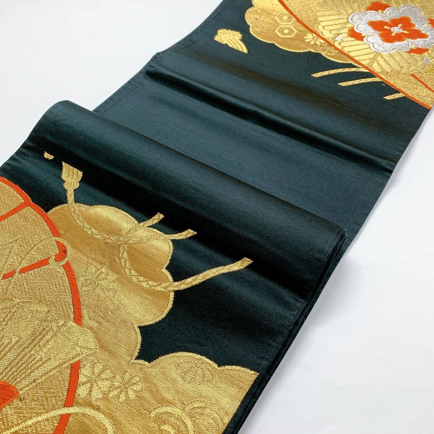 6030# Japanese Vintage Fukuro Obi Belt Kimono Fabric Silk Traditional Black