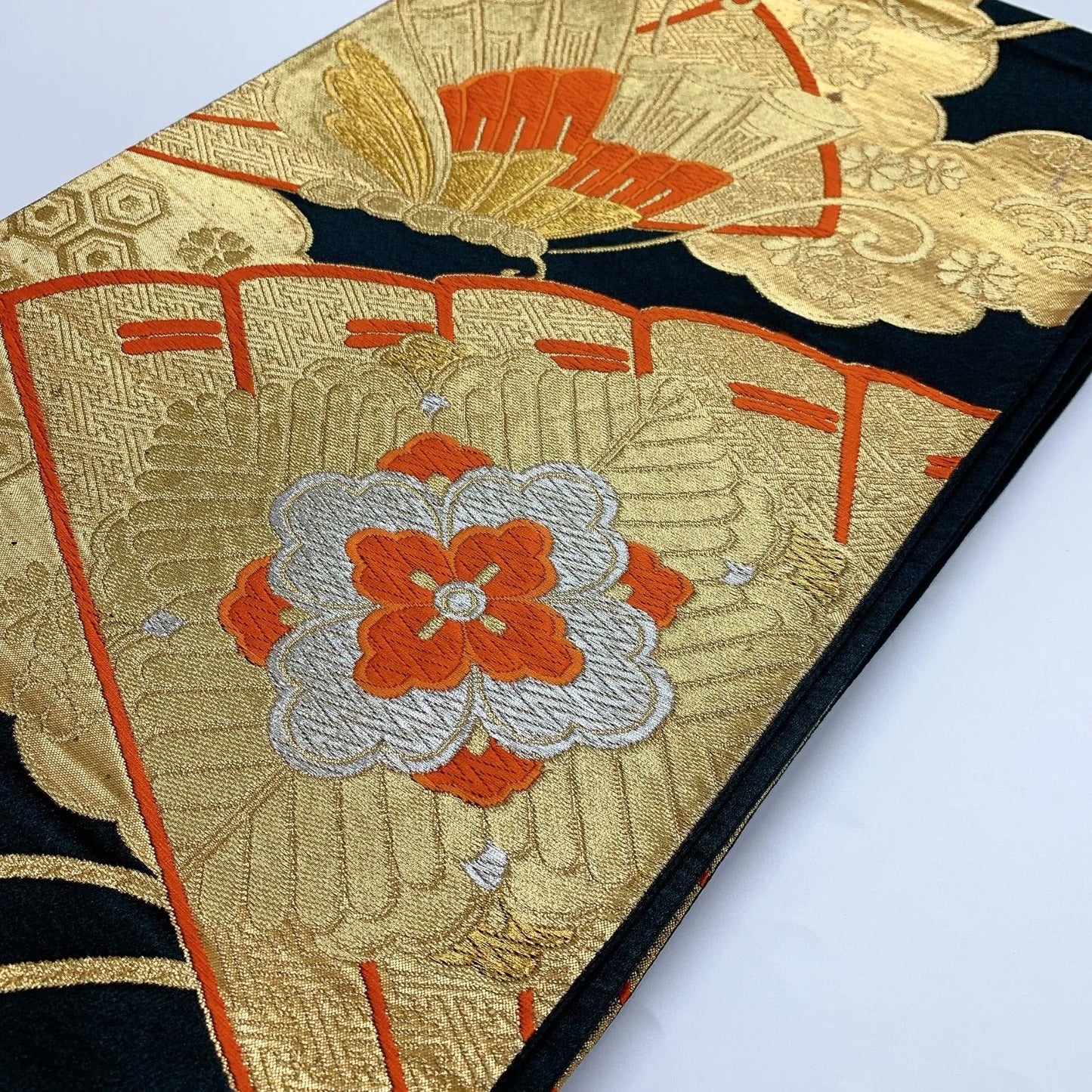 6030# Japanese Vintage Fukuro Obi Belt Kimono Fabric Silk Traditional Black