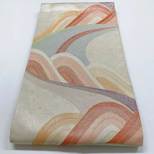 6006# Japanese Vintage Fukuro Obi Belt Kimono Fabric Silk Traditional Silver