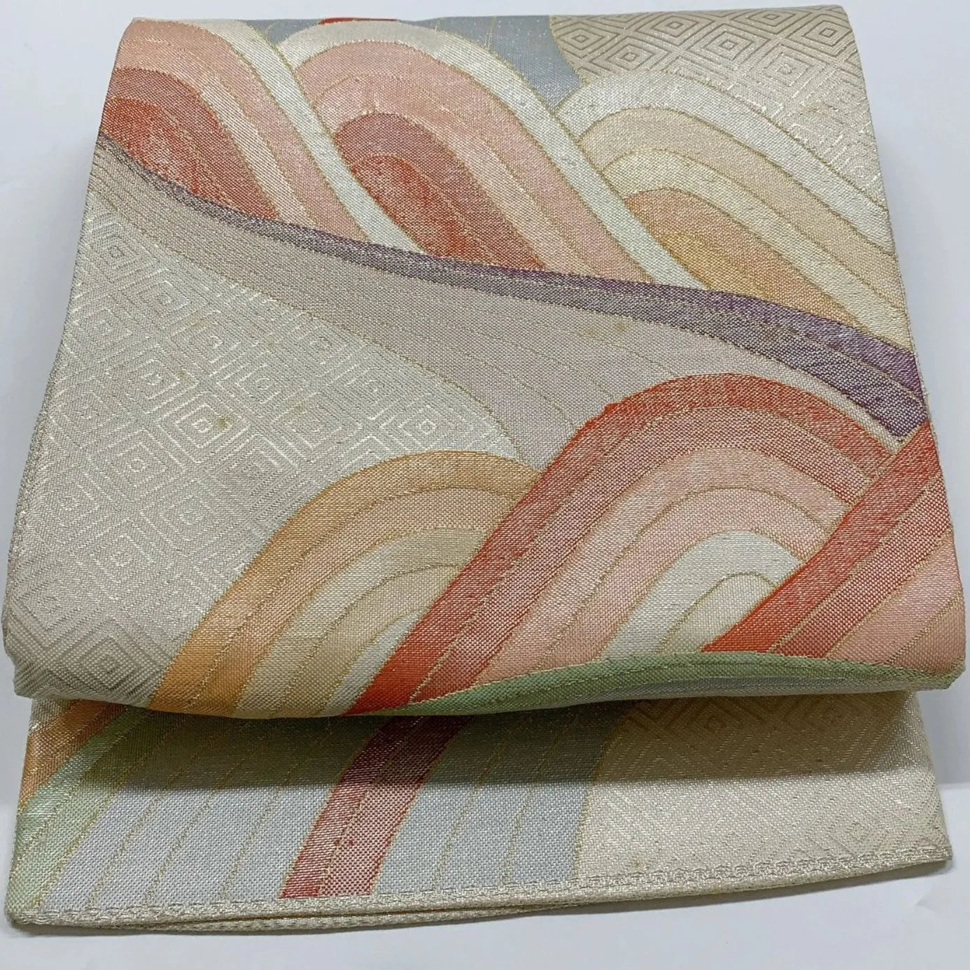 6006# Japanese Vintage Fukuro Obi Belt Kimono Fabric Silk Traditional Silver