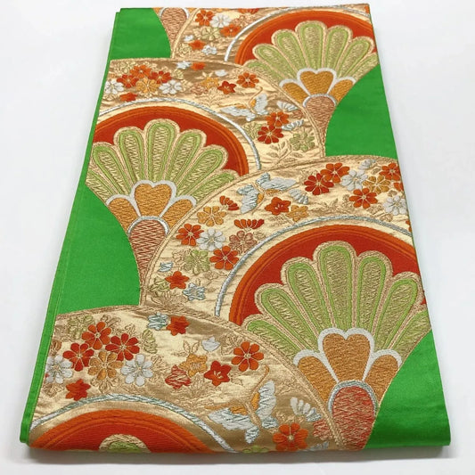 6015# Japanese Vintage Fukuro Obi Belt Kimono Fabric Silk Traditional Green