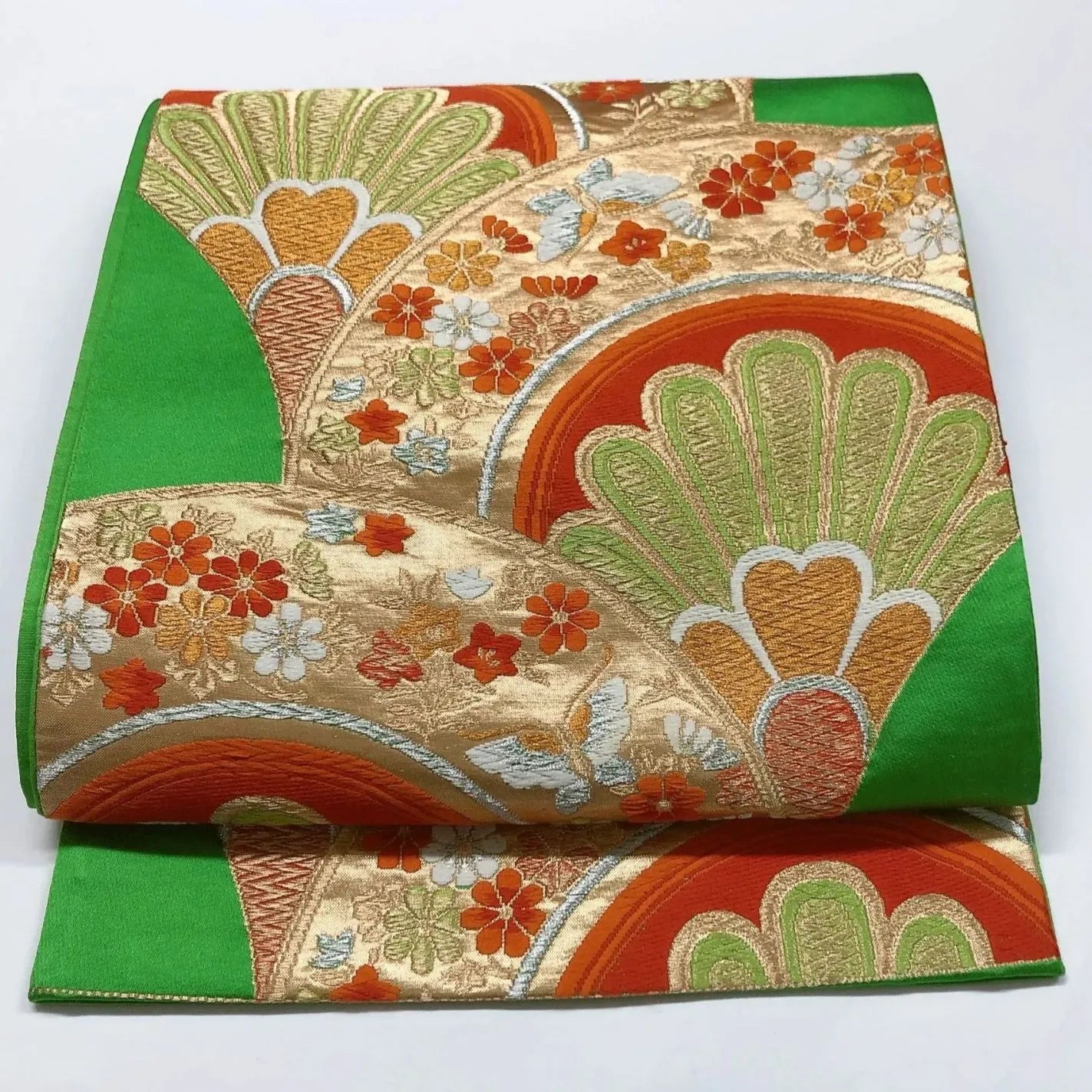 6015# Japanese Vintage Fukuro Obi Belt Kimono Fabric Silk Traditional Green