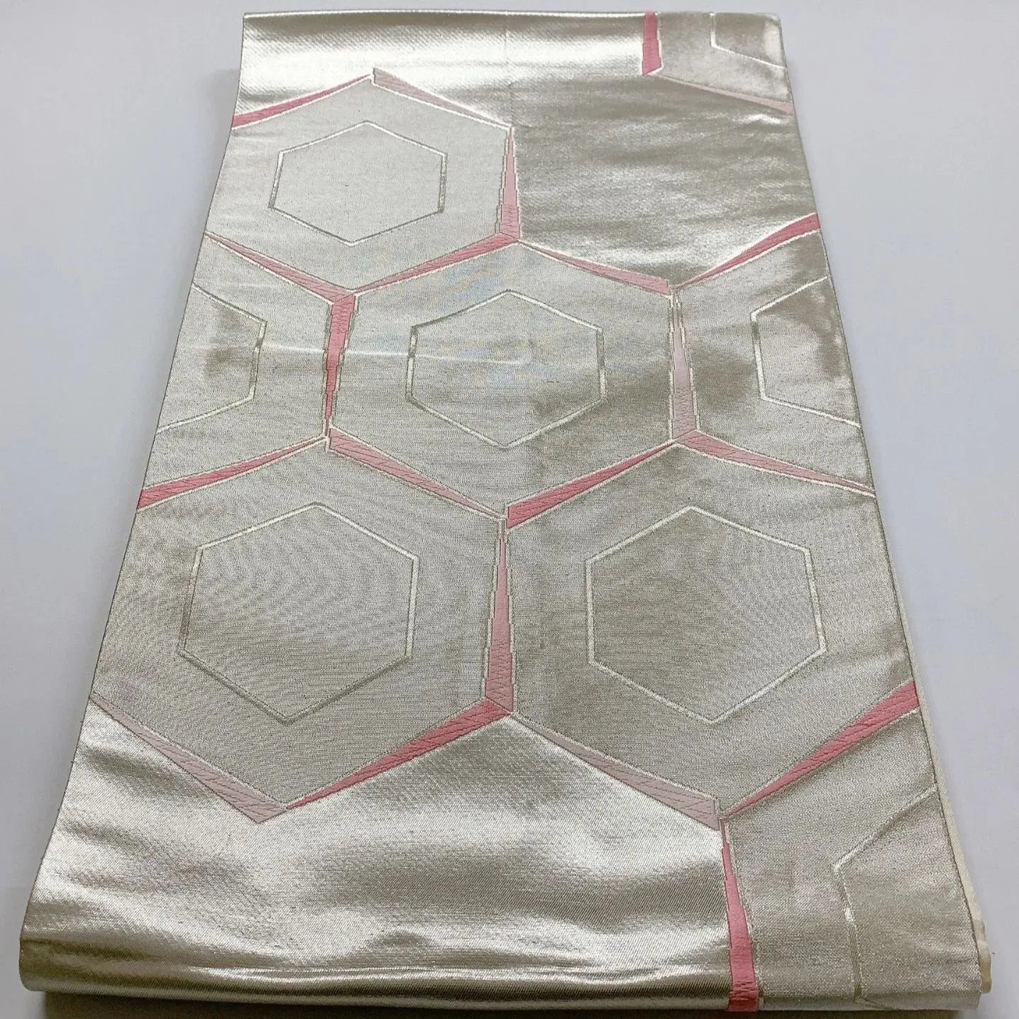 6027# Japanese Vintage Fukuro Obi Belt Kimono Fabric Silk Traditional Silver　