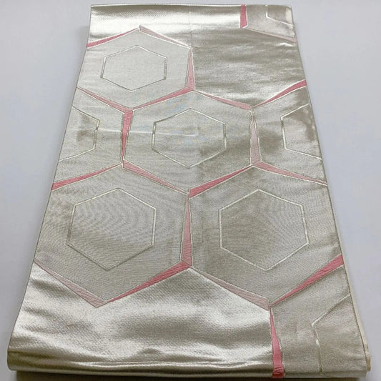 6027# Japanese Vintage Fukuro Obi Belt Kimono Fabric Silk Traditional Silver　