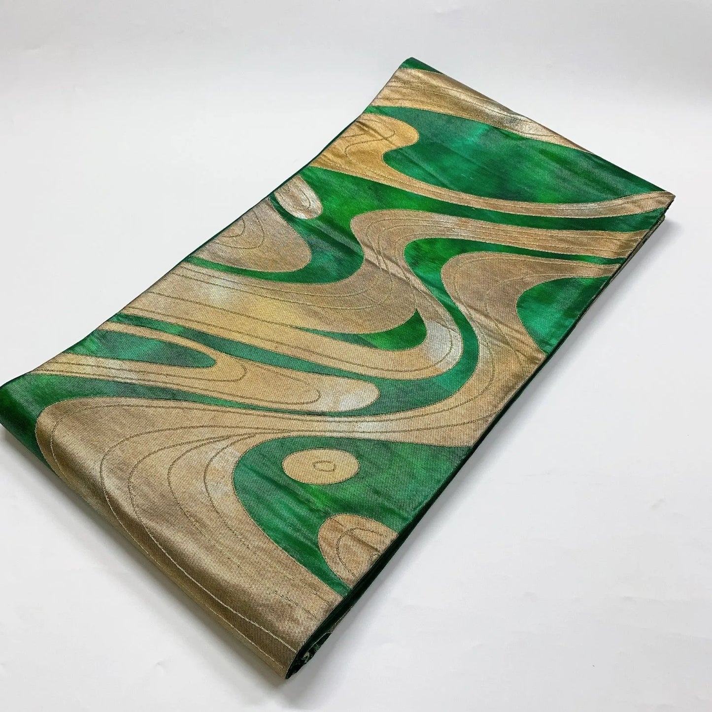 6032# Japanese Vintage Fukuro Obi Belt Kimono Fabric Silk Traditional Green