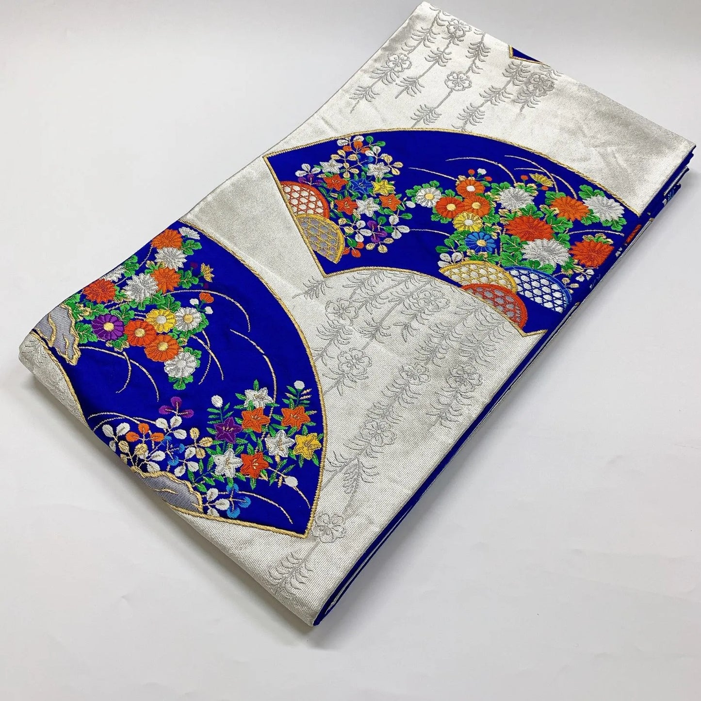 6034# Japanese Vintage Fukuro Obi Belt Kimono Fabric Silk Traditional Silver