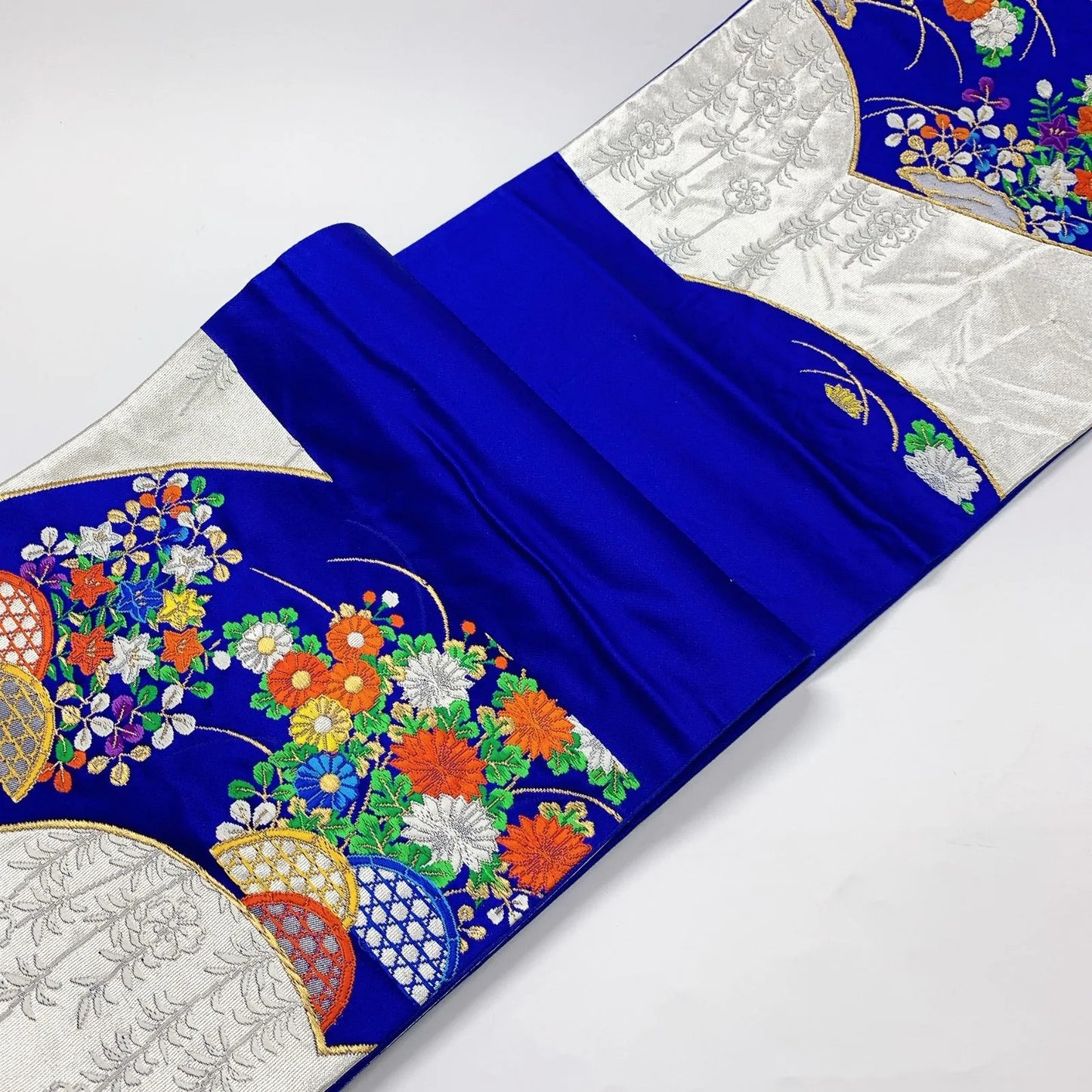 6034# Japanese Vintage Fukuro Obi Belt Kimono Fabric Silk Traditional Silver