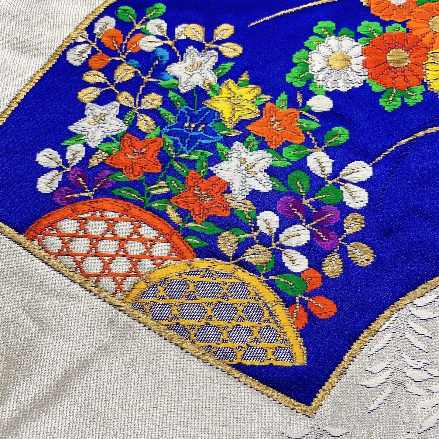 6034# Japanese Vintage Fukuro Obi Belt Kimono Fabric Silk Traditional Silver