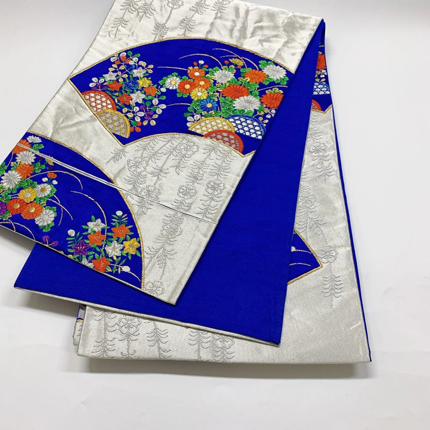 6034# Japanese Vintage Fukuro Obi Belt Kimono Fabric Silk Traditional Silver