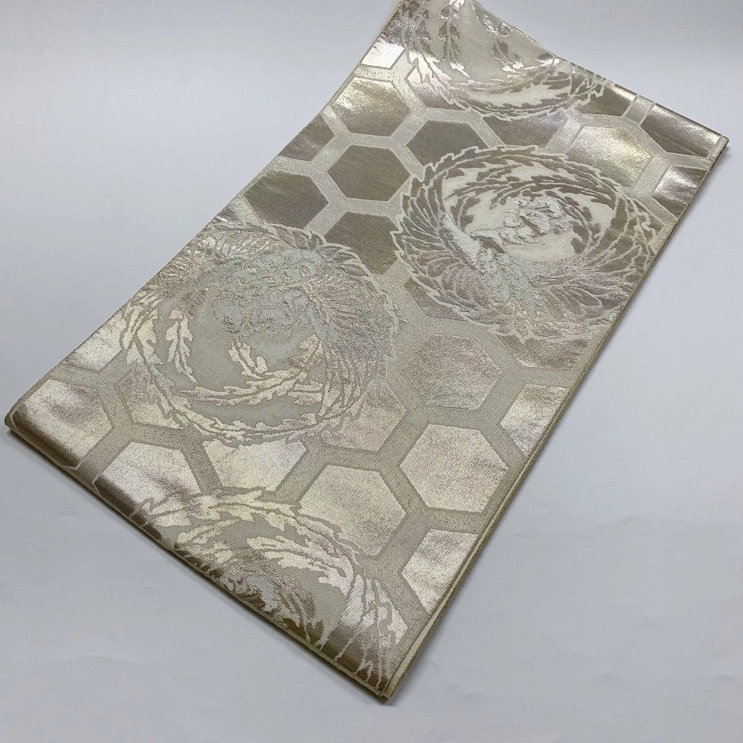 6036# Japanese Vintage Fukuro Obi Belt Kimono Fabric Silk Traditional Silver