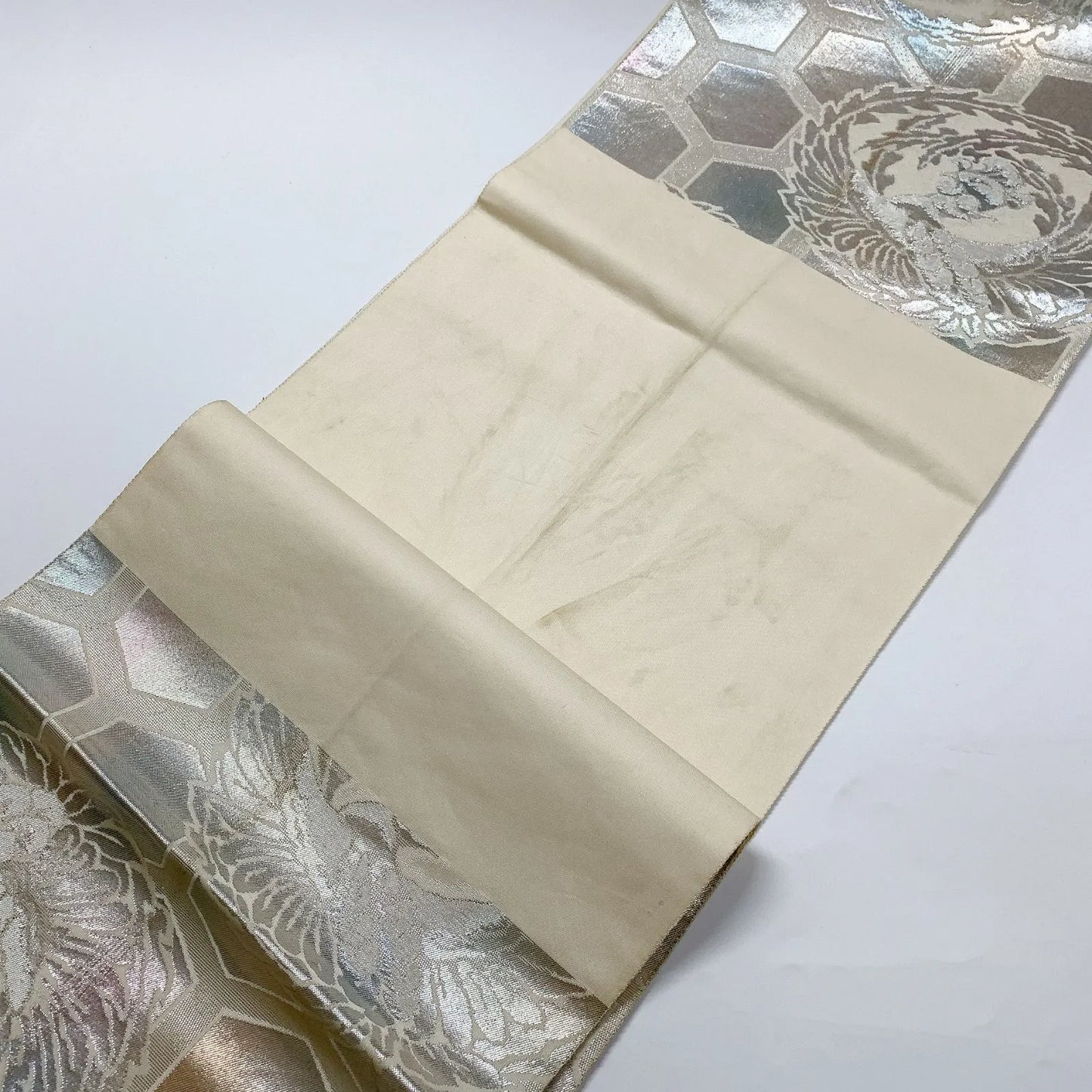 6036# Japanese Vintage Fukuro Obi Belt Kimono Fabric Silk Traditional Silver