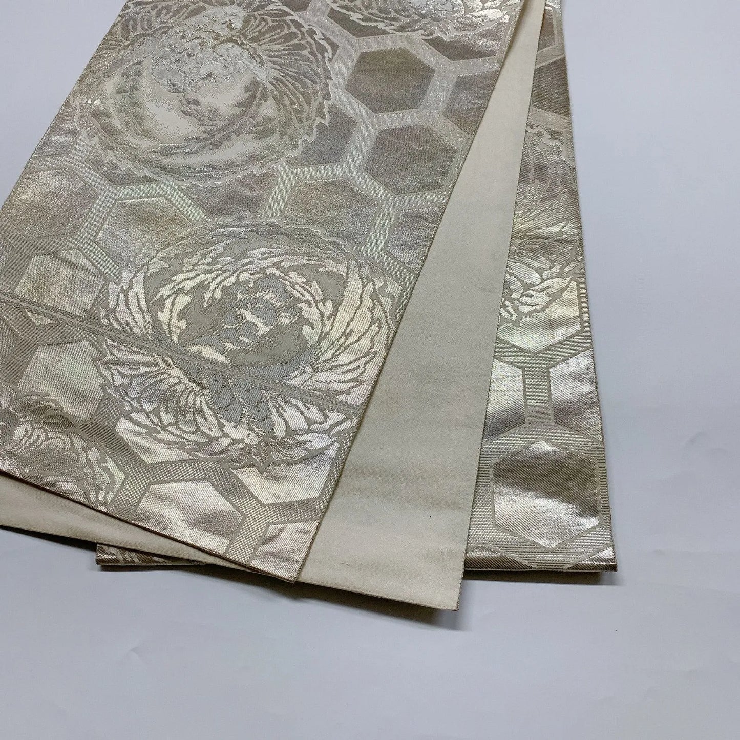 6036# Japanese Vintage Fukuro Obi Belt Kimono Fabric Silk Traditional Silver