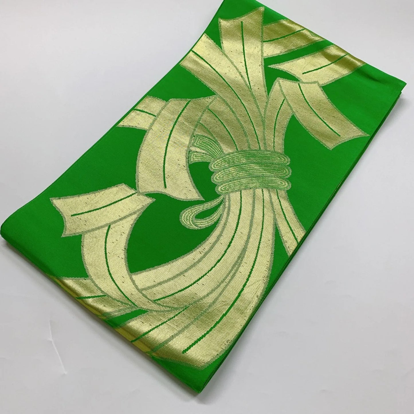 6043# Japanese Vintage Fukuro Obi Belt Kimono Fabric Silk Traditional Green