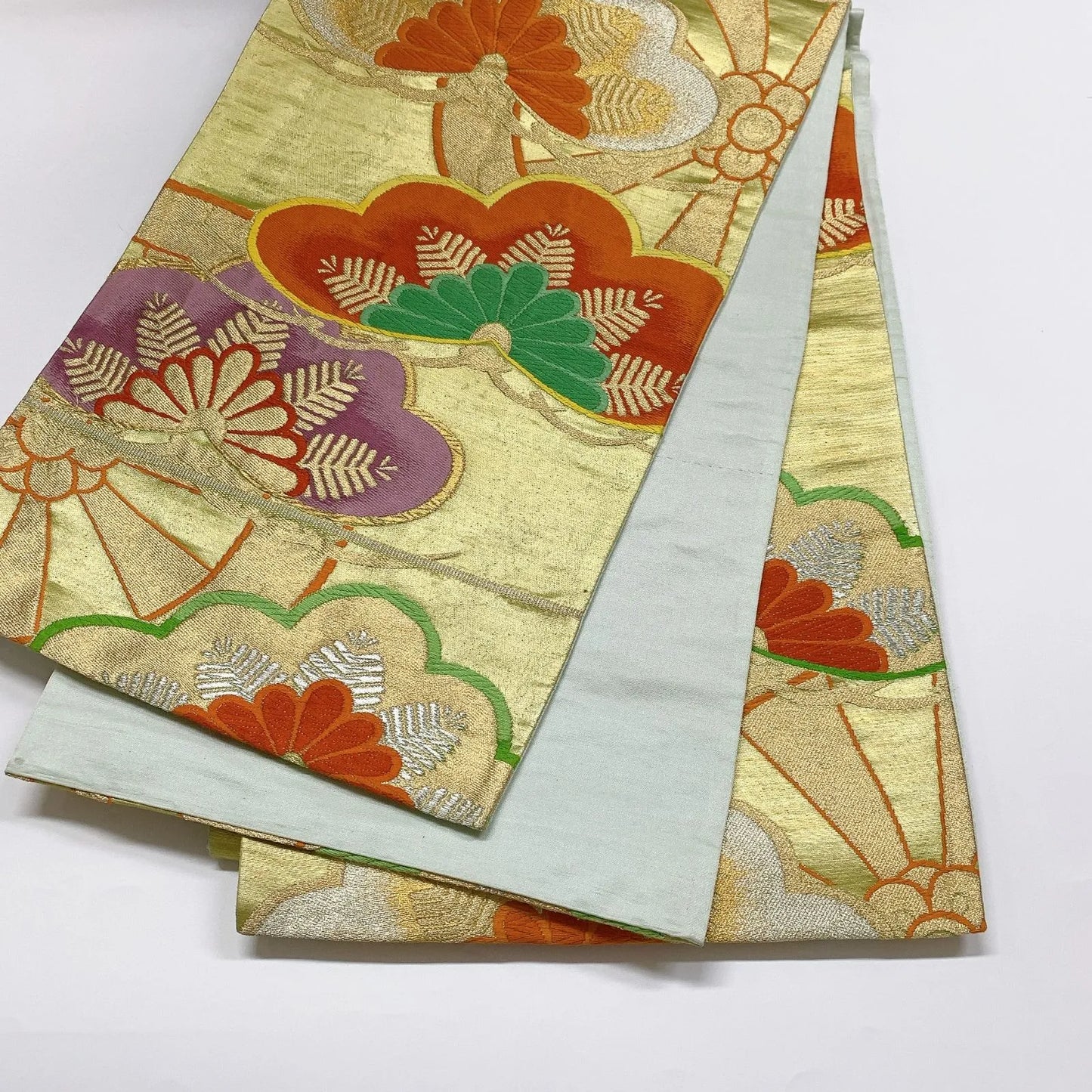 6045# Japanese Vintage Fukuro Obi Belt Kimono Fabric Silk Traditional Gold