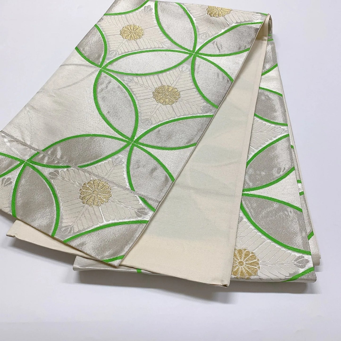 6047# Japanese Vintage Fukuro Obi Belt Kimono Fabric Silk Traditional Silver