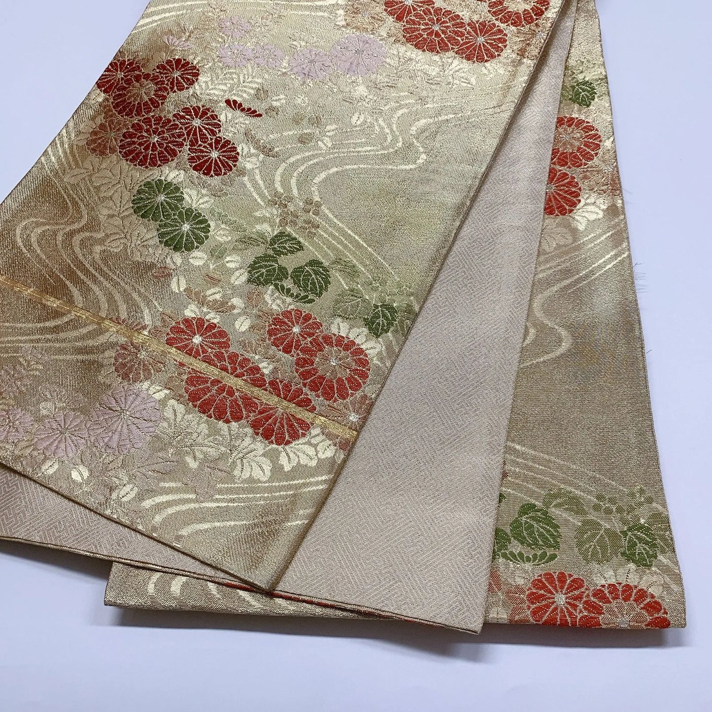 6050# Japanese Vintage Fukuro Obi Belt Kimono Fabric Silk Traditional Gold