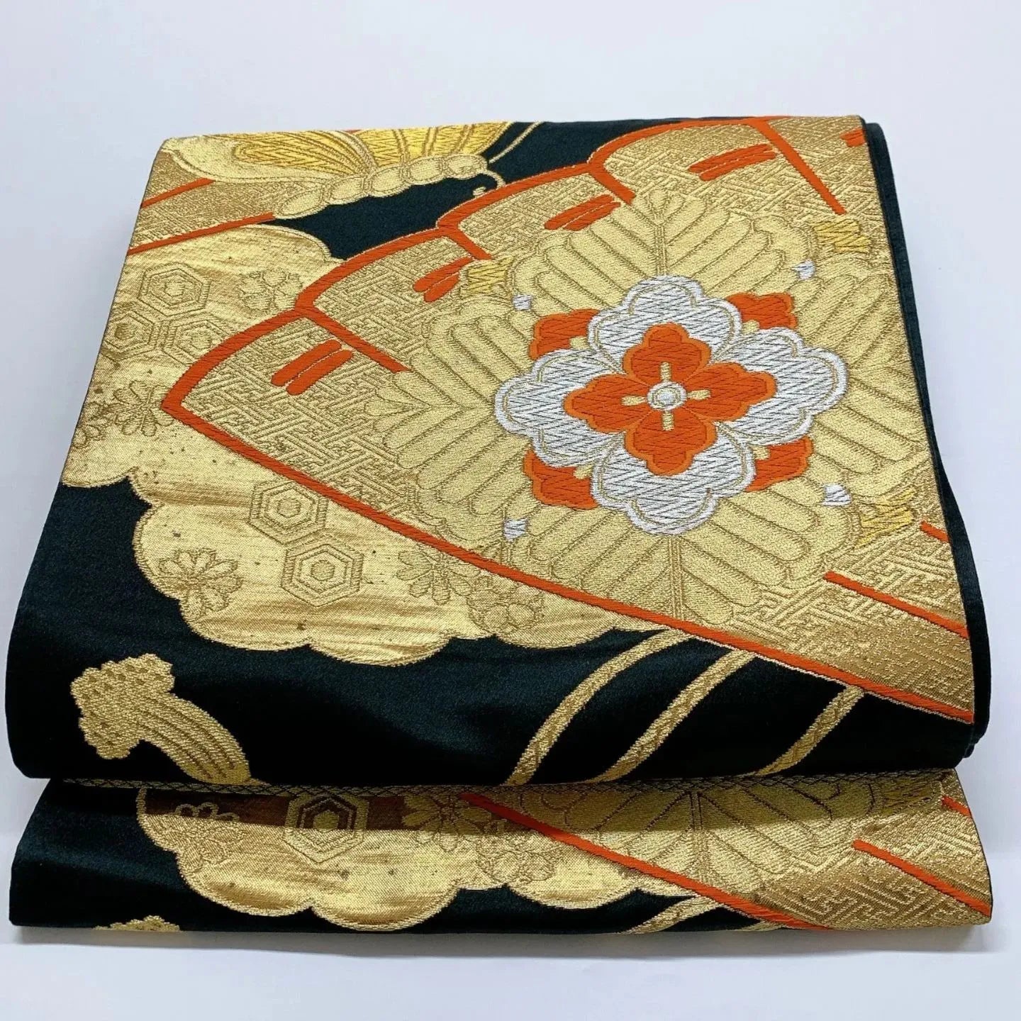 6030# Japanese Vintage Fukuro Obi Belt Kimono Fabric Silk Traditional Black