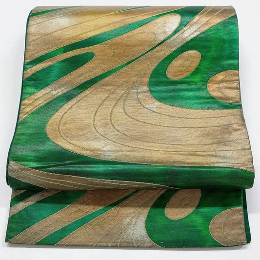 6032# Japanese Vintage Fukuro Obi Belt Kimono Fabric Silk Traditional Green