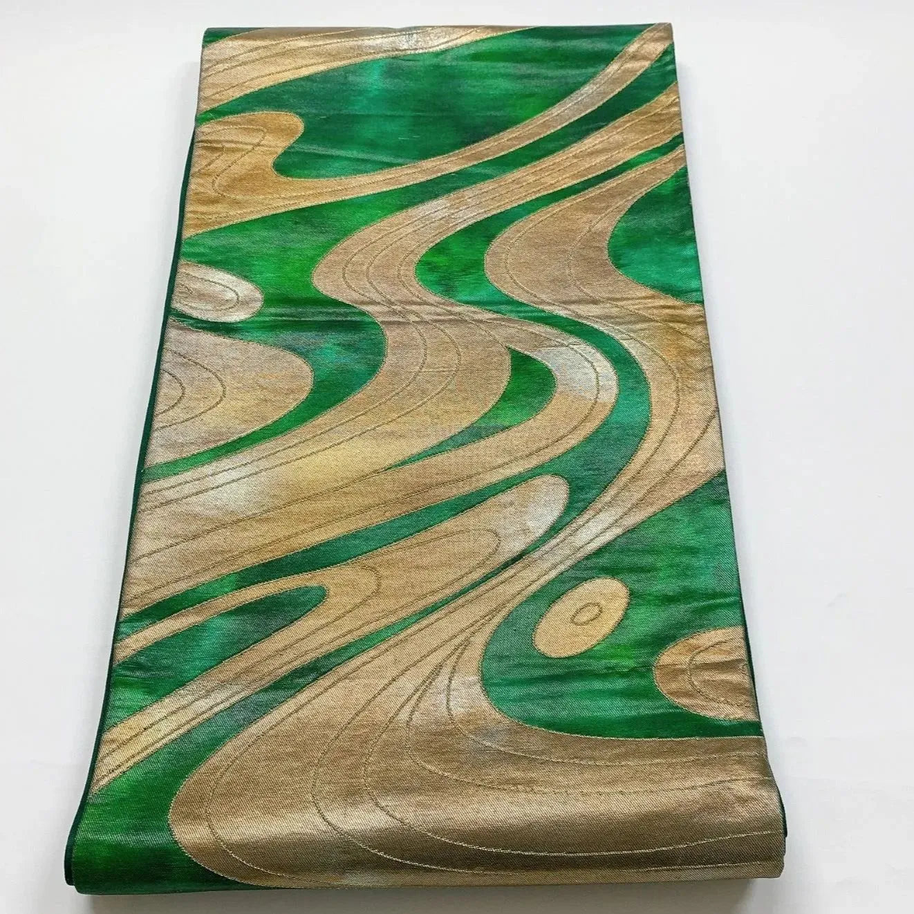 6032# Japanese Vintage Fukuro Obi Belt Kimono Fabric Silk Traditional Green