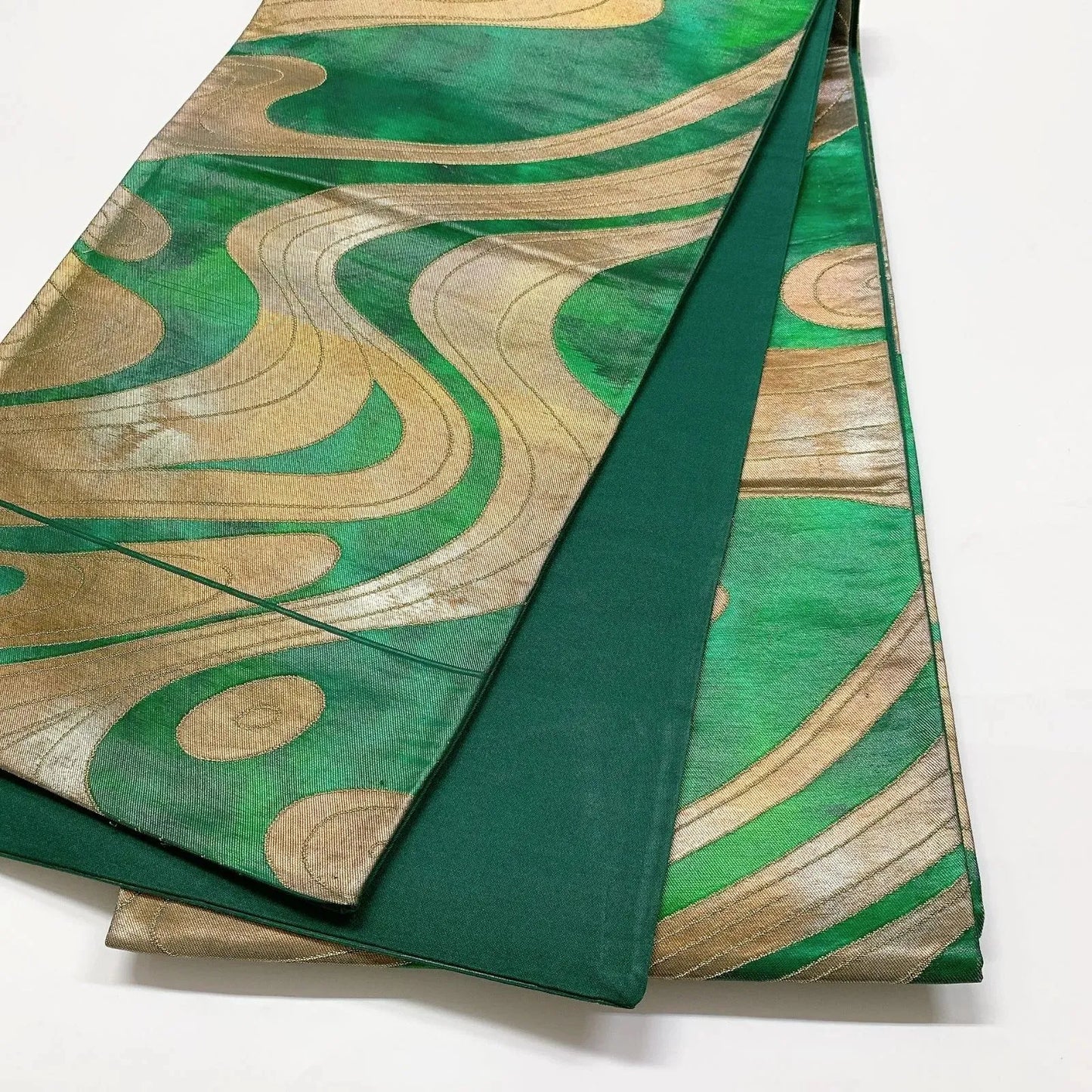 6032# Japanese Vintage Fukuro Obi Belt Kimono Fabric Silk Traditional Green