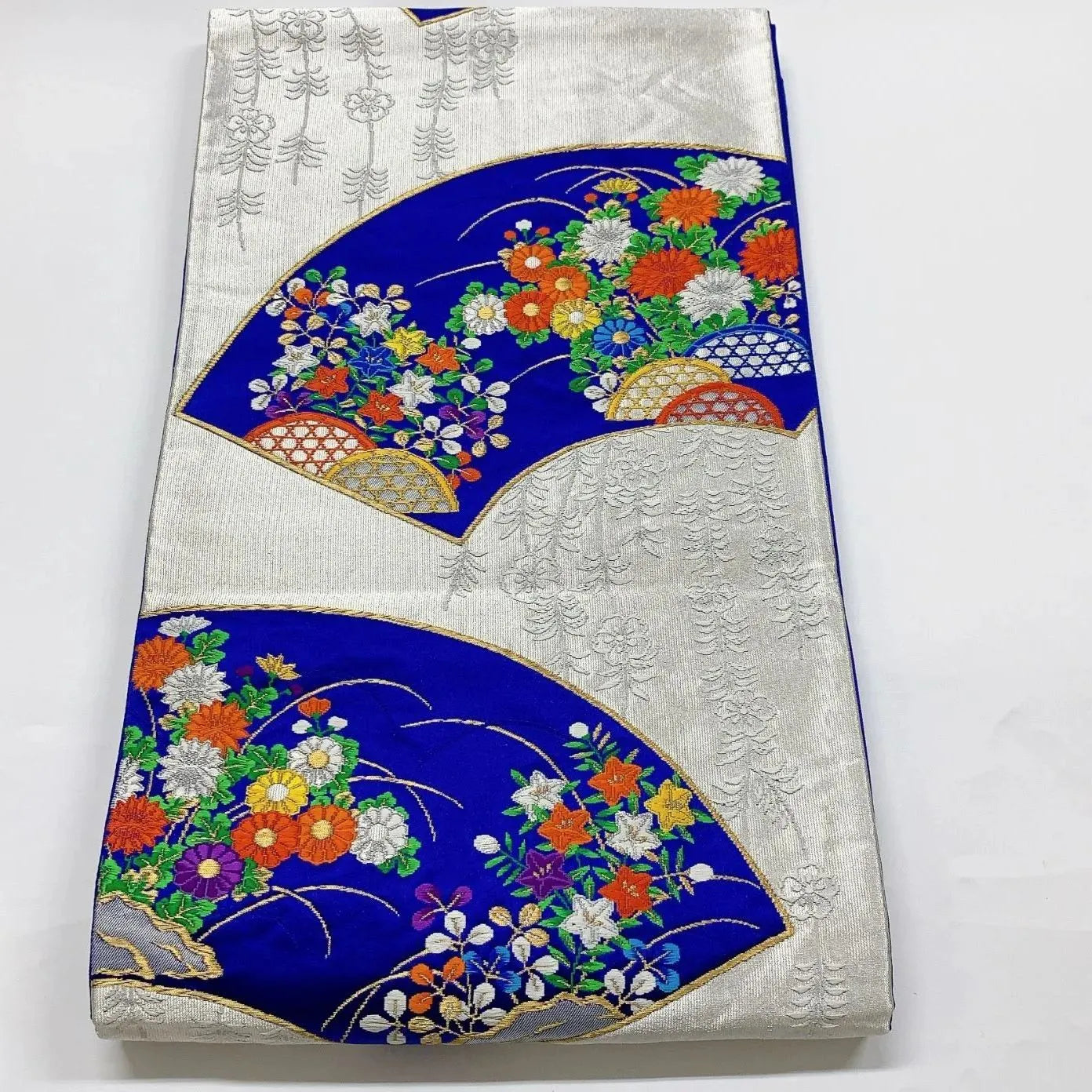 6034# Japanese Vintage Fukuro Obi Belt Kimono Fabric Silk Traditional Silver