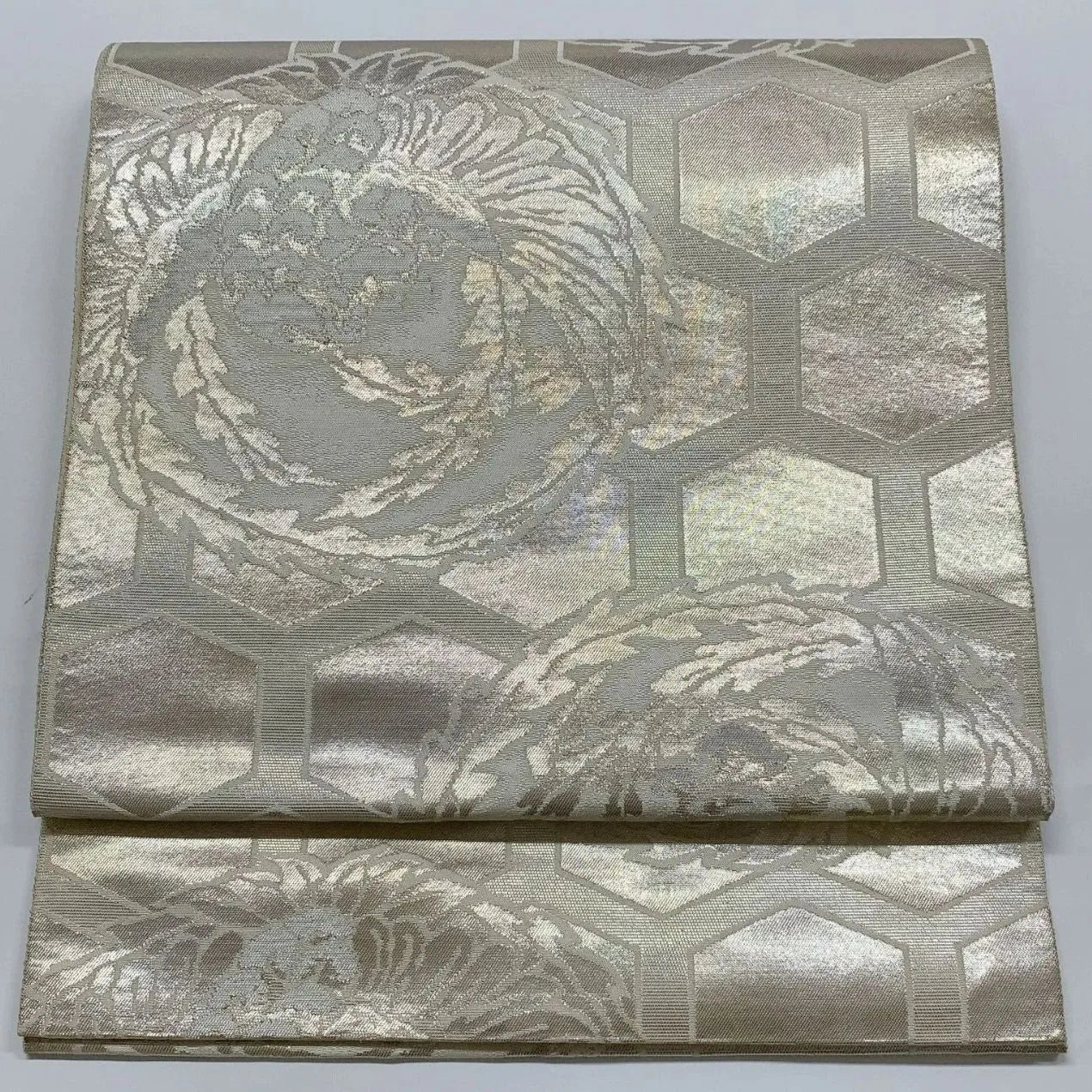 6036# Japanese Vintage Fukuro Obi Belt Kimono Fabric Silk Traditional Silver