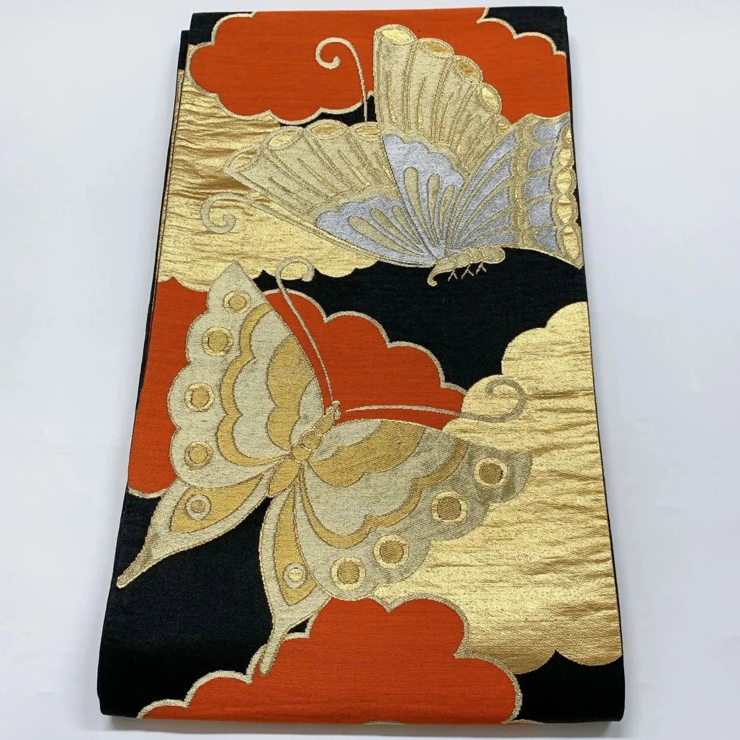 6041# Japanese Vintage Fukuro Obi Belt Kimono Fabric Silk Traditional Black