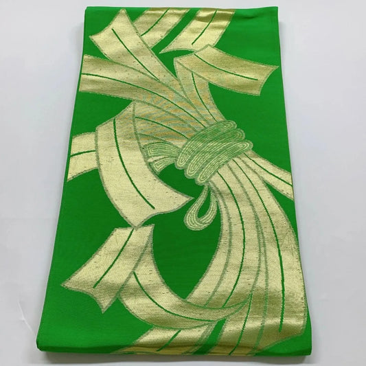 6043# Japanese Vintage Fukuro Obi Belt Kimono Fabric Silk Traditional Green