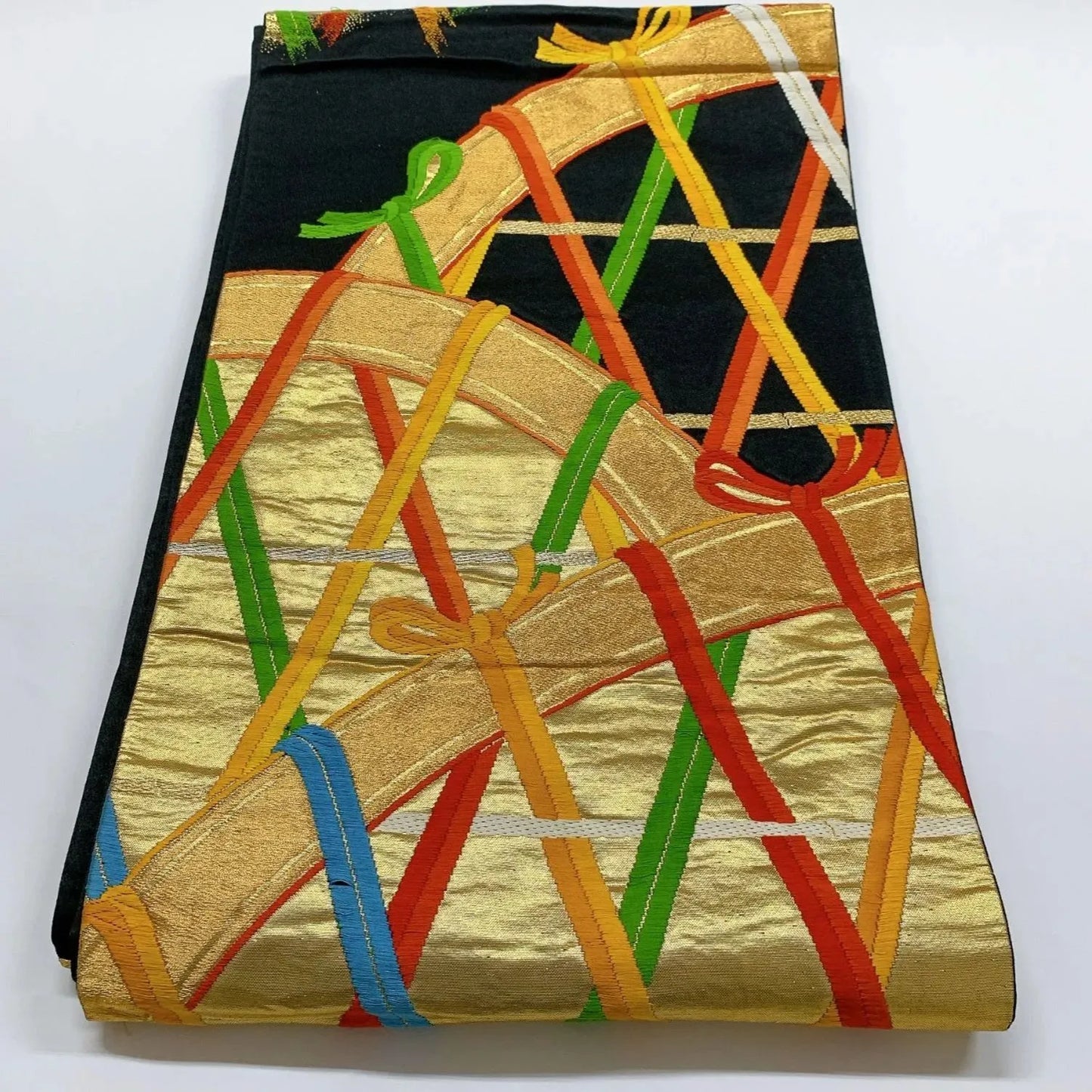 6044# Japanese Vintage Fukuro Obi Belt Kimono Fabric Silk Traditional Embroidery　